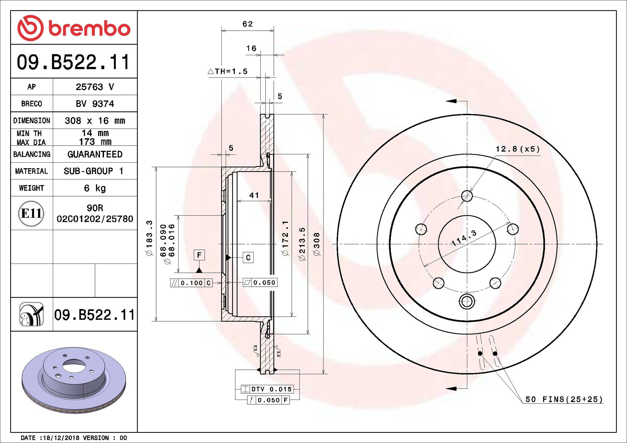 Tarcza hamulcowa tylna Brembo 09B52211 cena, od 56,47 USD