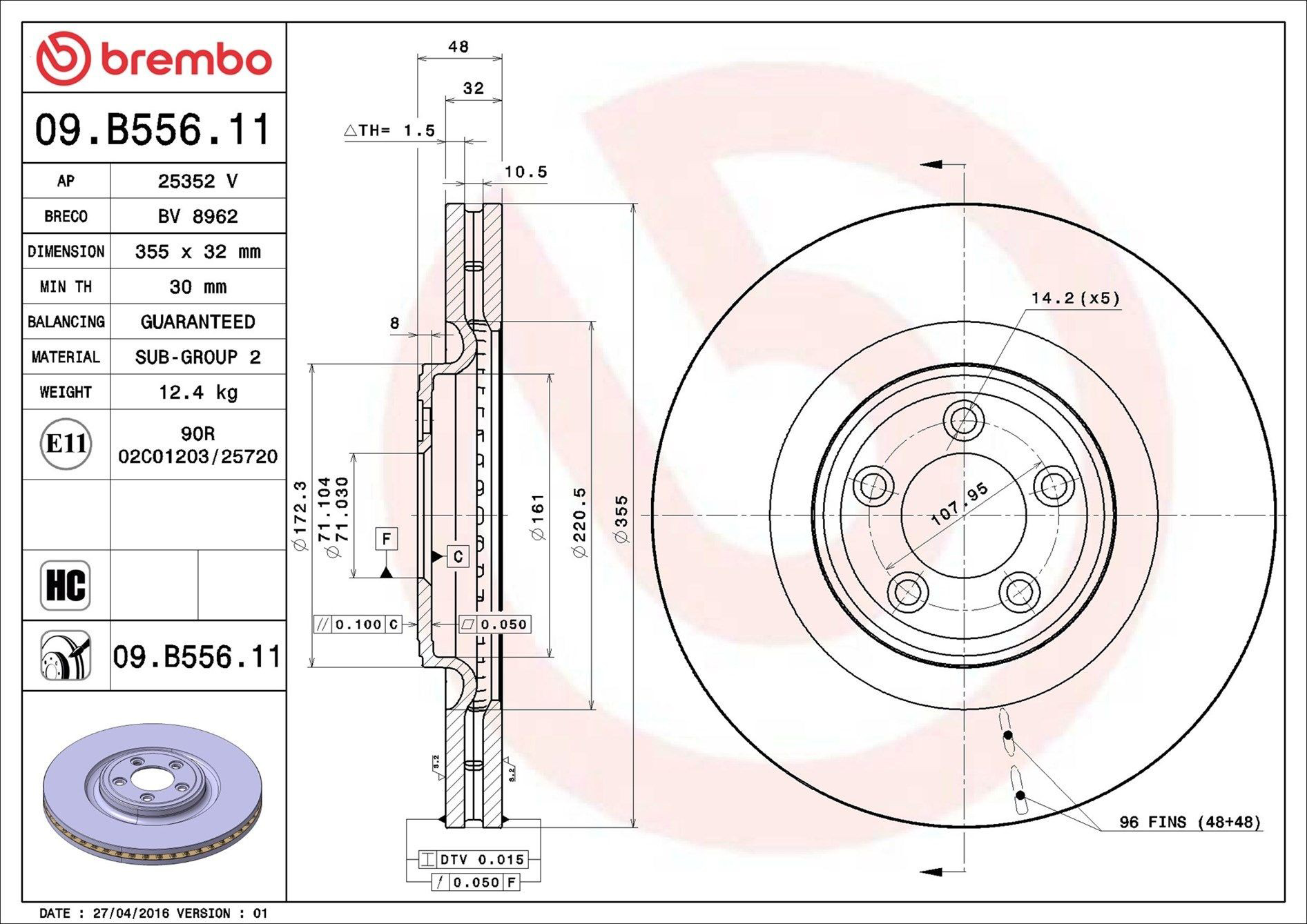 Tarcza hamulcowa przednia Brembo 09B55611 cena, od 114,35 USD
