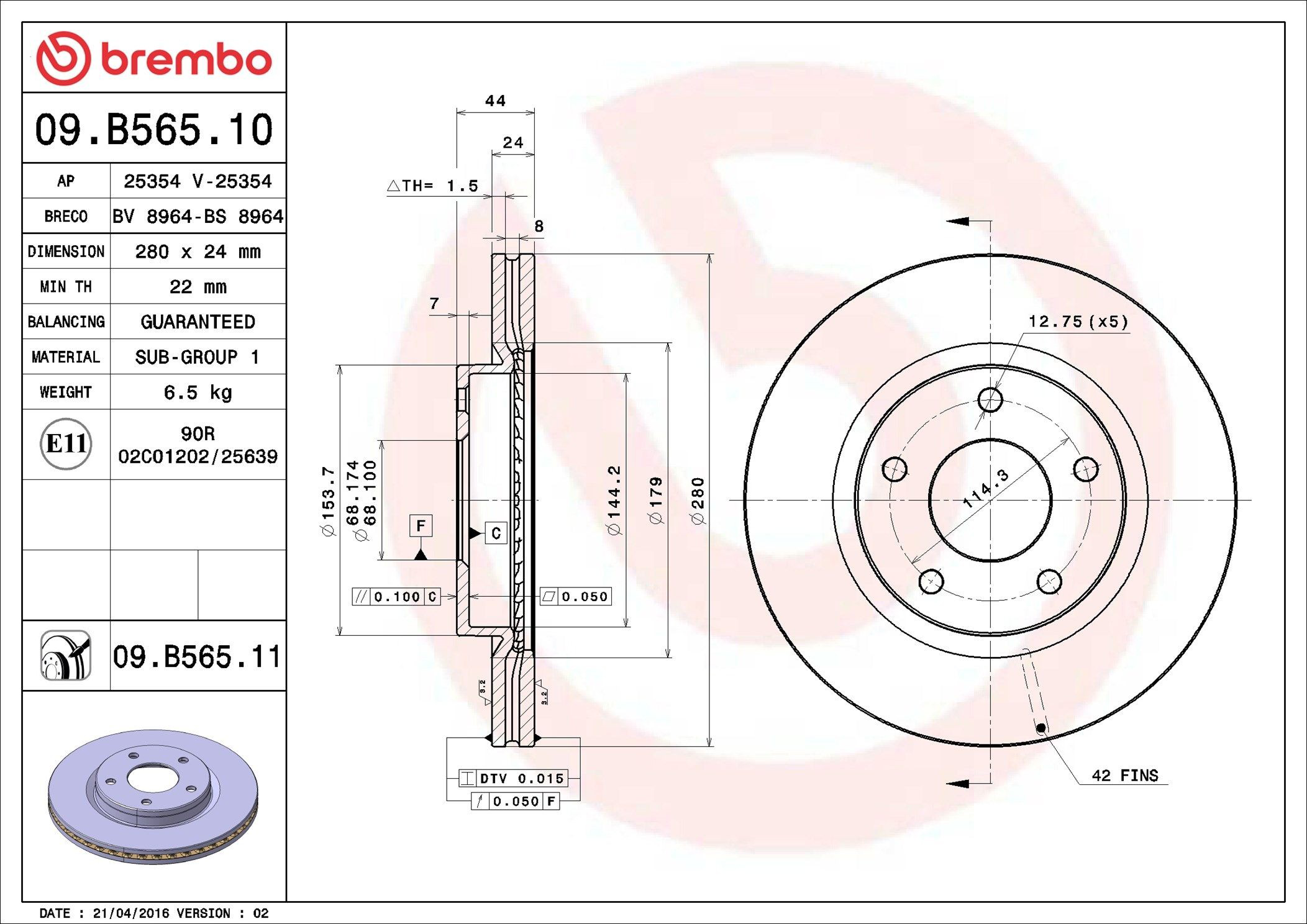 Tarcza hamulcowa przednia 09B56511 Brembo