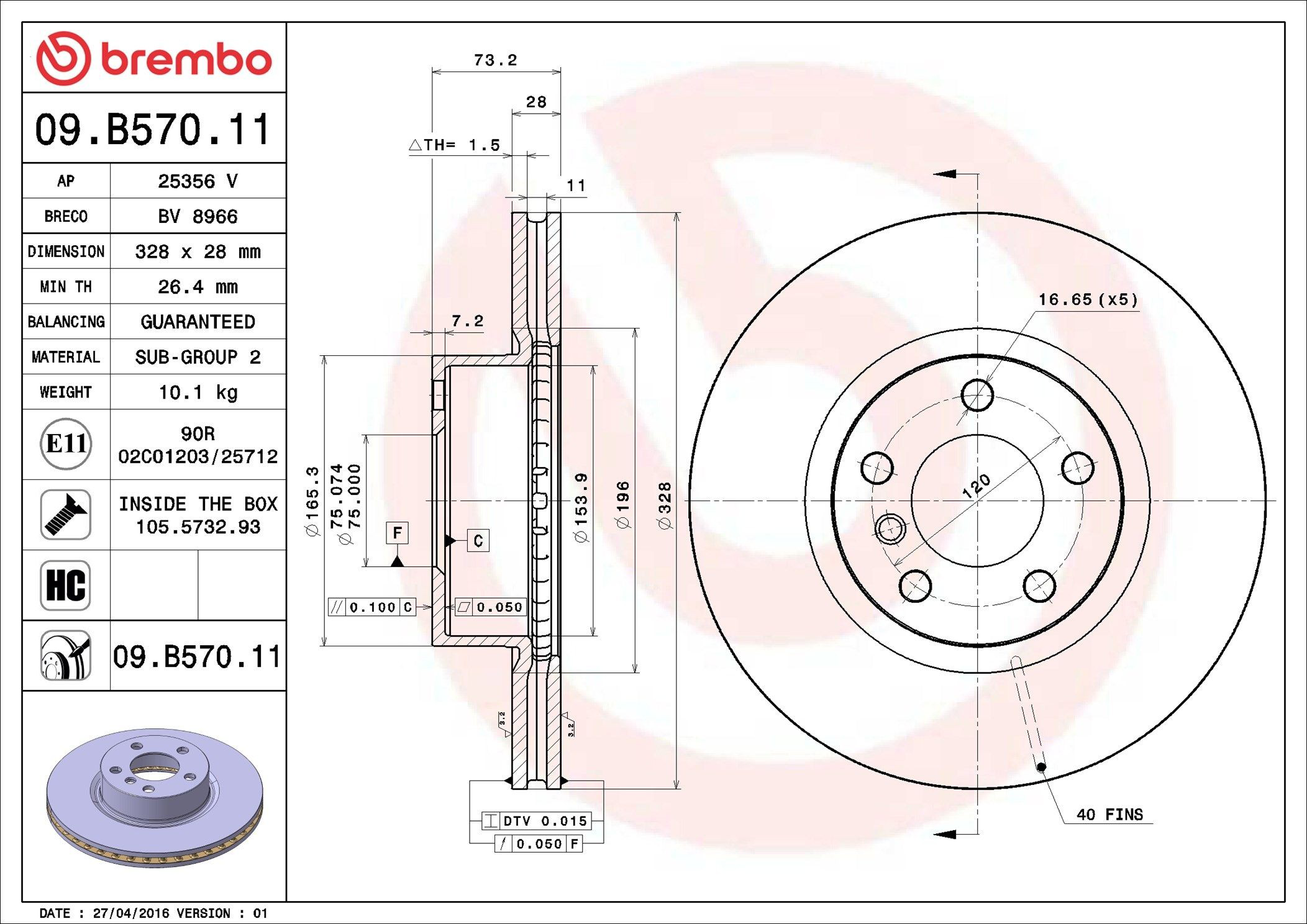 Tarcza hamulcowa przednia Brembo 09B57011 cena, od 88,90 USD