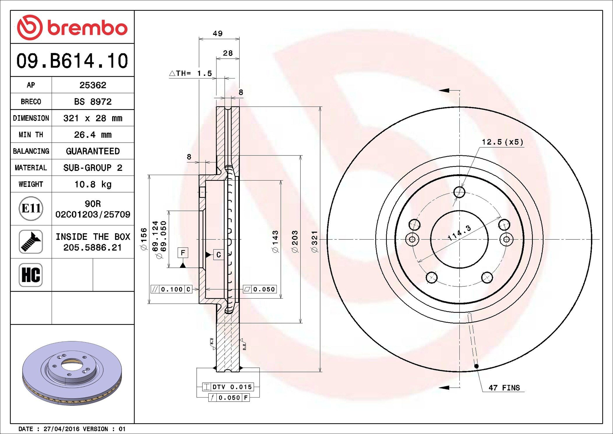 Tarcza hamulcowa przednia Brembo 09B61410 cena, od 50,27 USD