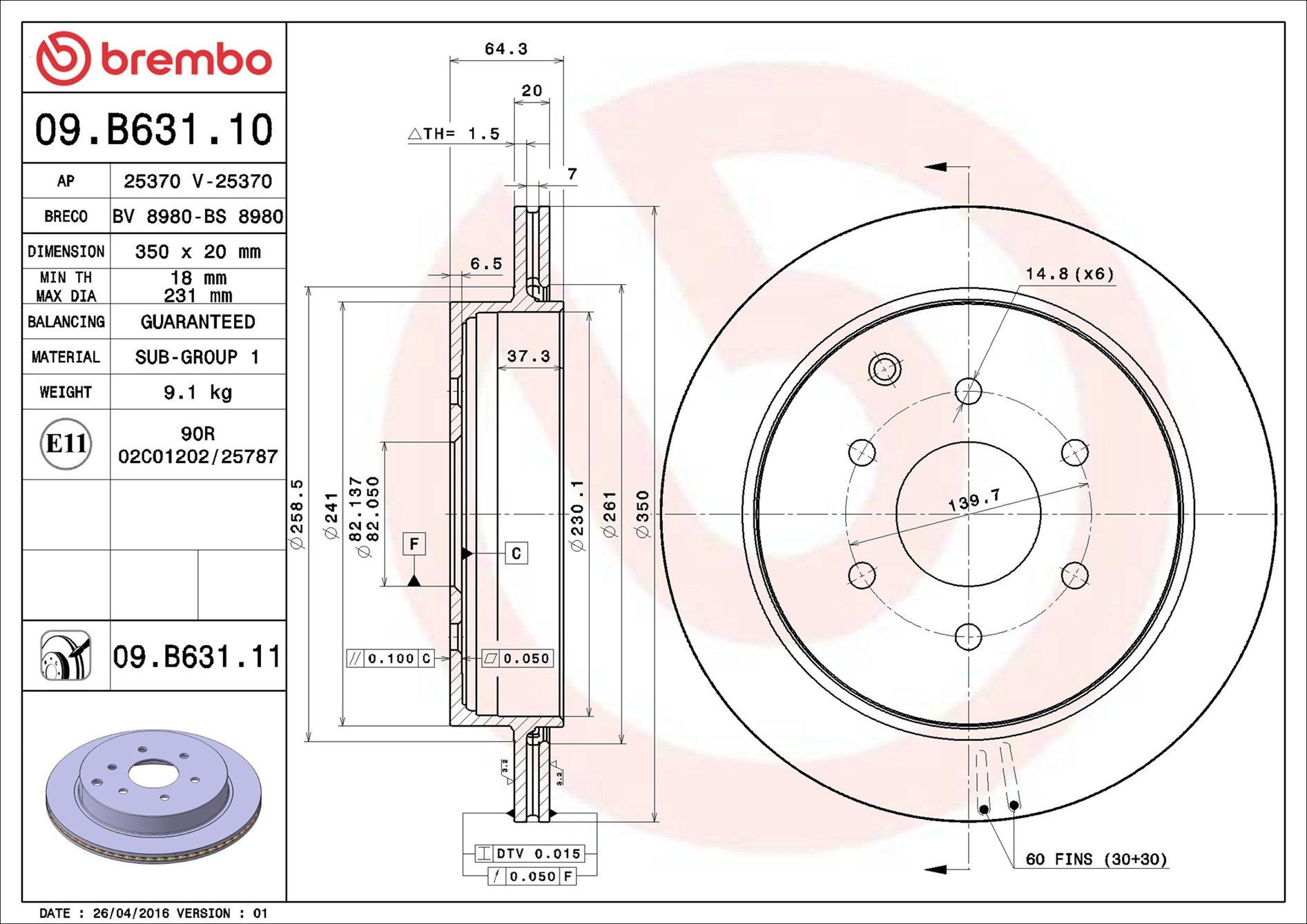 Do koszyka 09B63111 Brembo Tarcza hamulcowa tylna