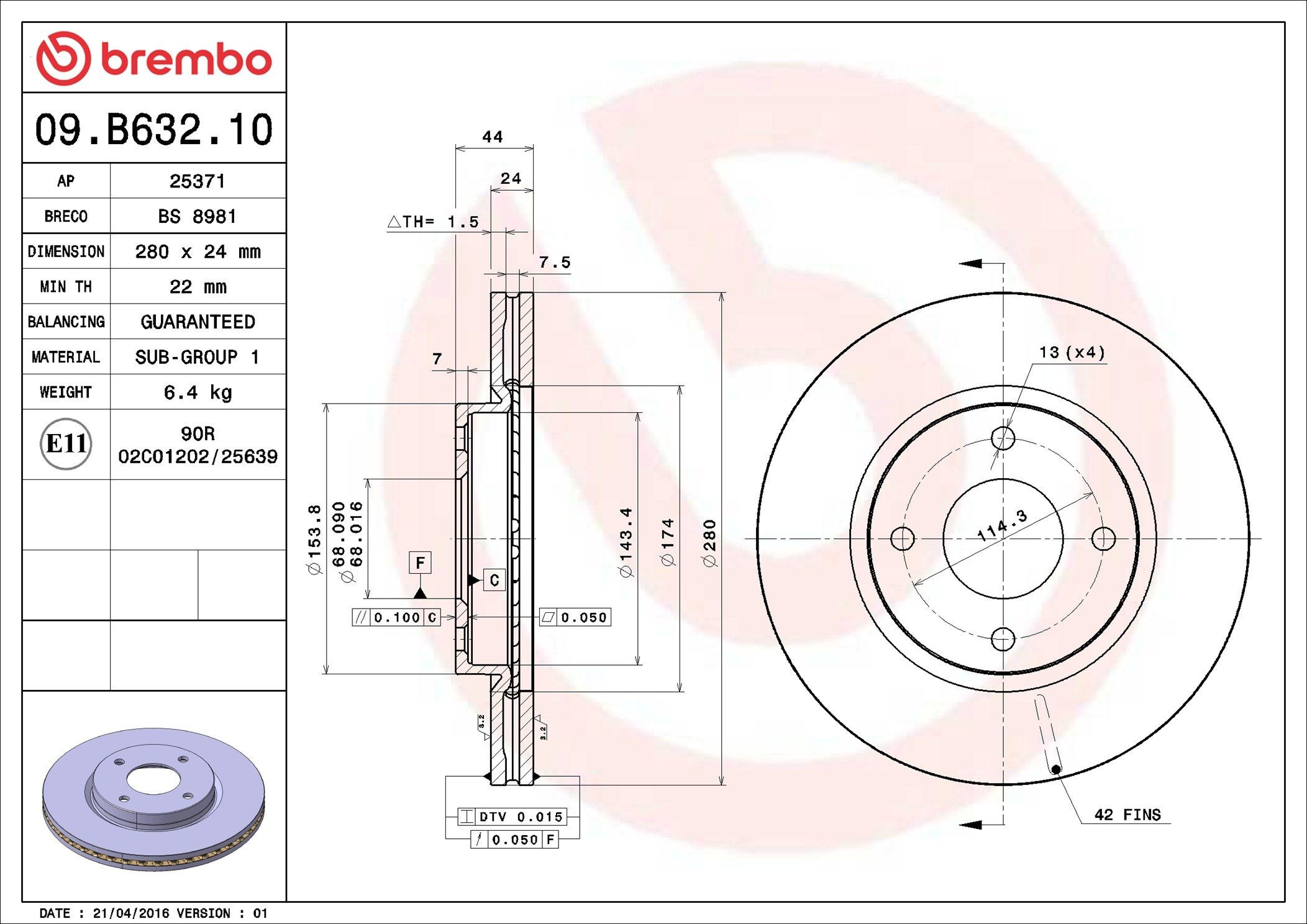 Tarcza hamulcowa przednia Brembo 09B63210 cena, od 46,46 USD