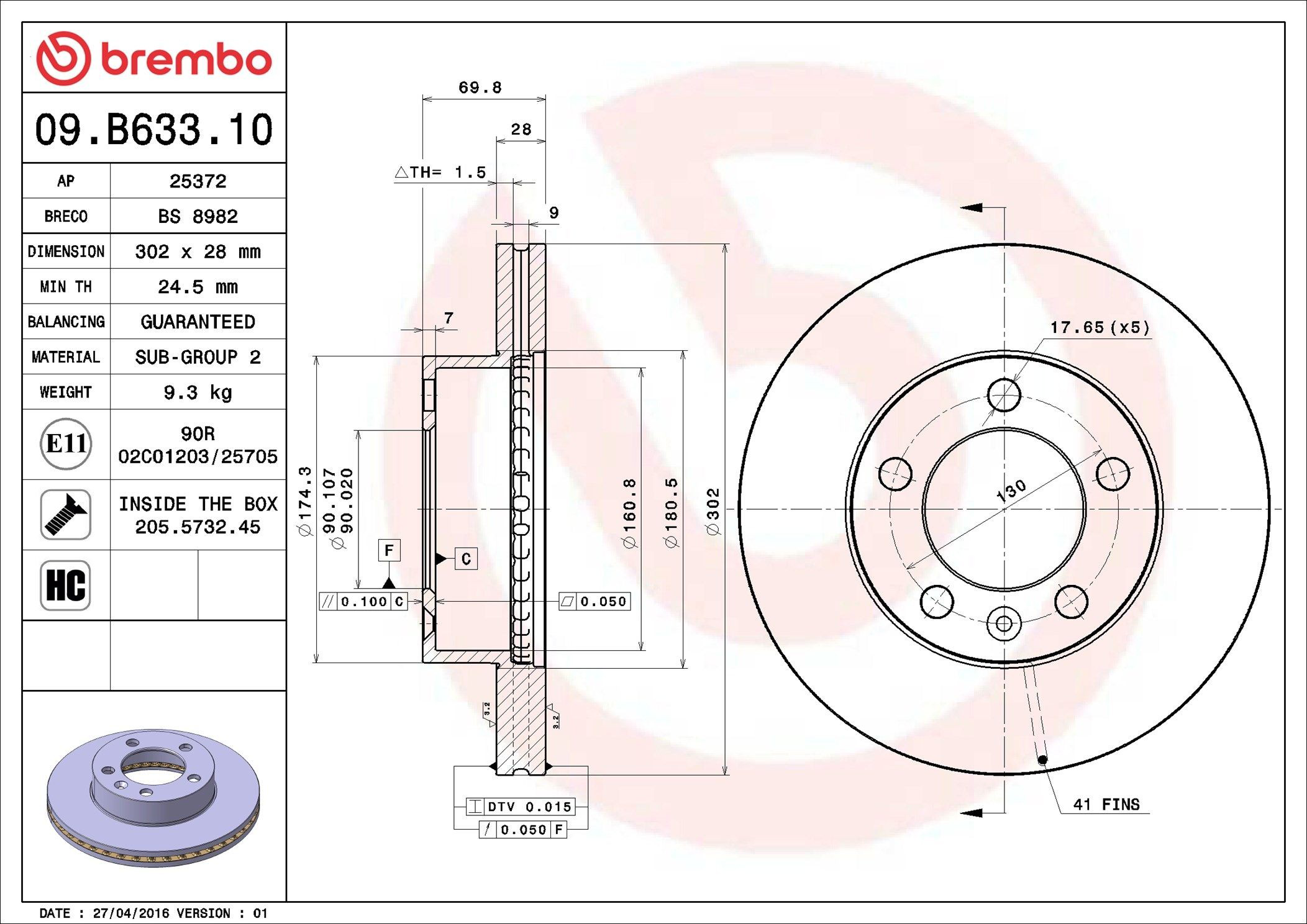 Do koszyka 09B63310 Brembo Tarcza hamulcowa przednia