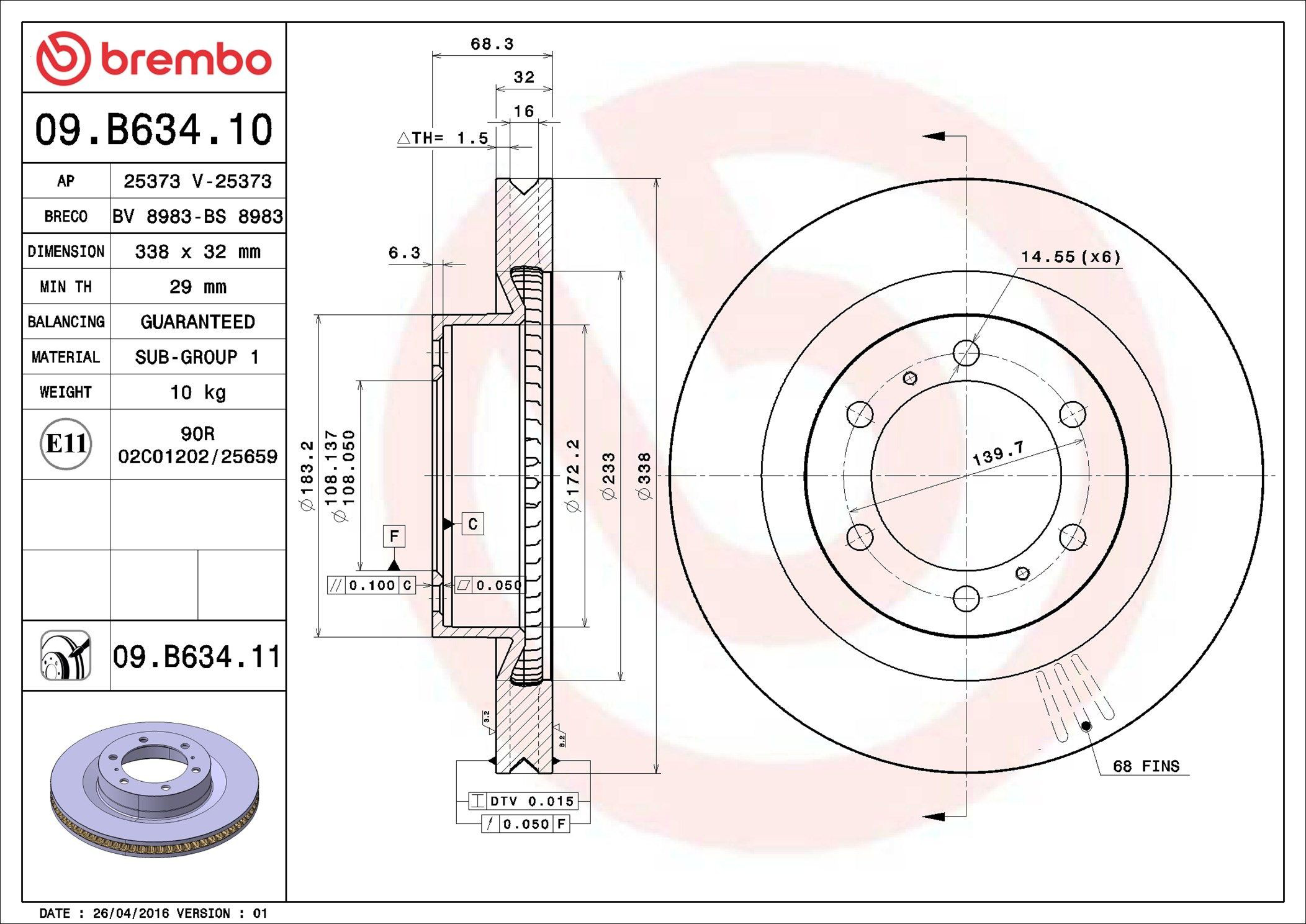 Do koszyka 09B63411 Brembo Tarcza hamulcowa przednia