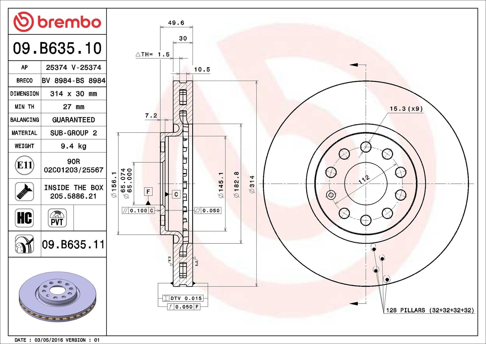Do koszyka 09B63511 Brembo Tarcza hamulcowa przednia