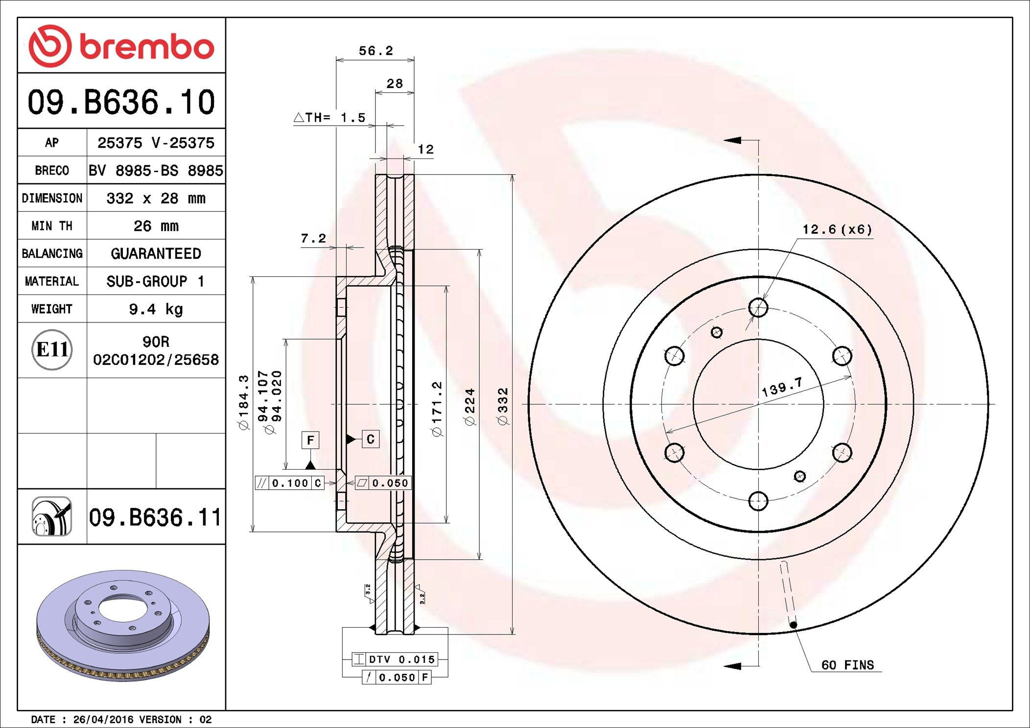 Do koszyka 09B63611 Brembo Tarcza hamulcowa przednia