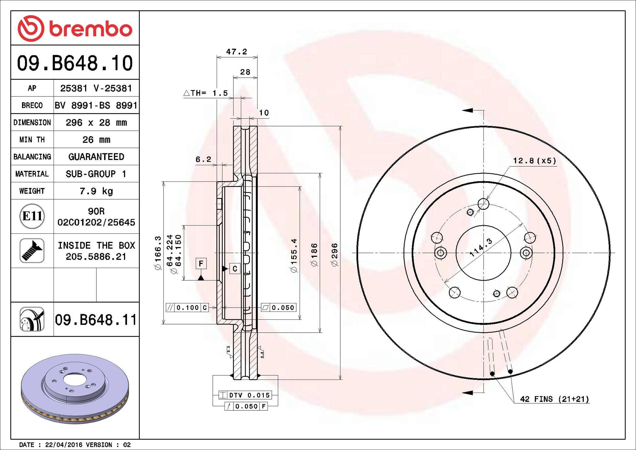 Tarcza hamulcowa przednia Brembo 09B64810 cena, od 58,59 USD