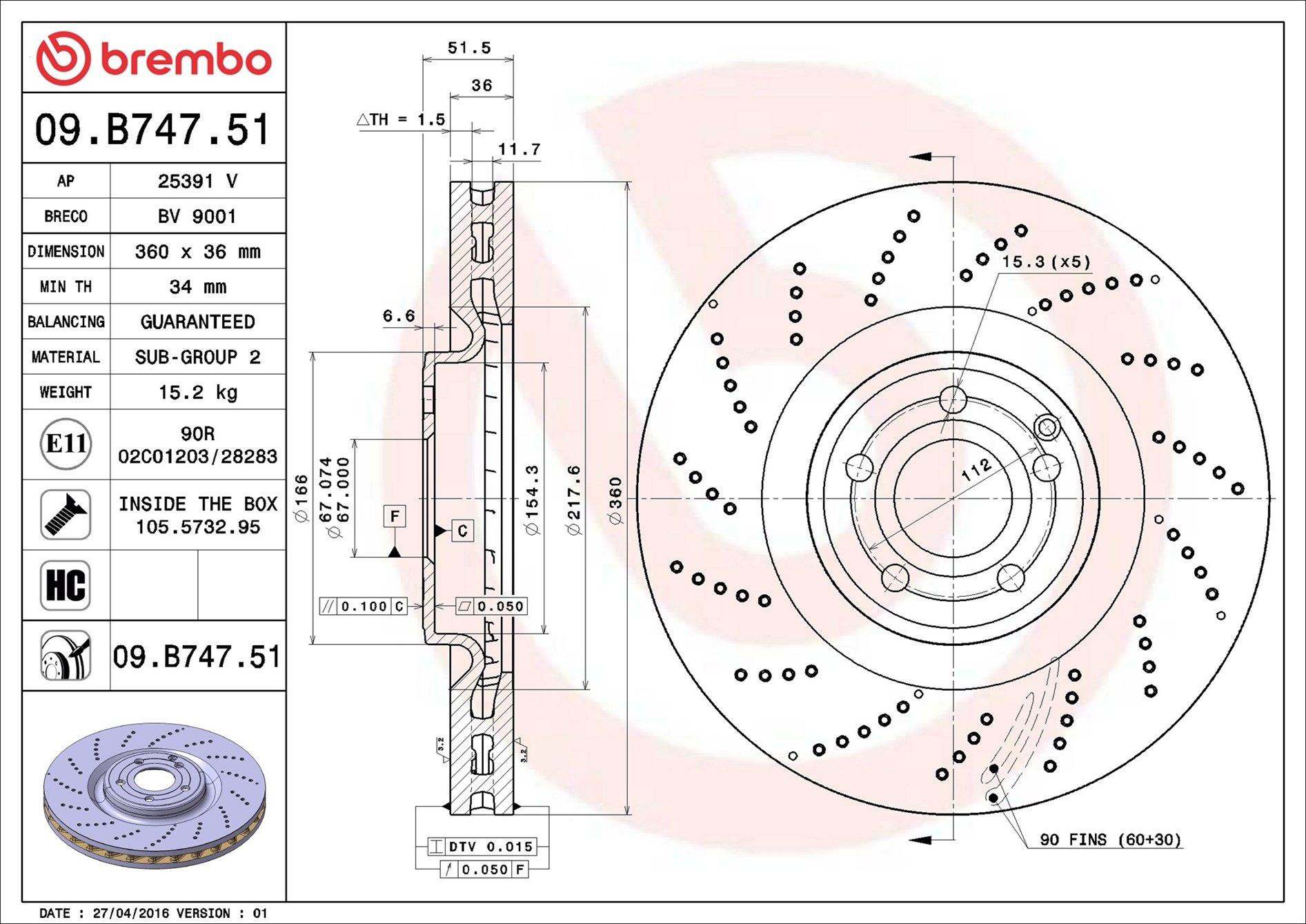 Tarcza hamulcowa przednia 09B74751 Brembo