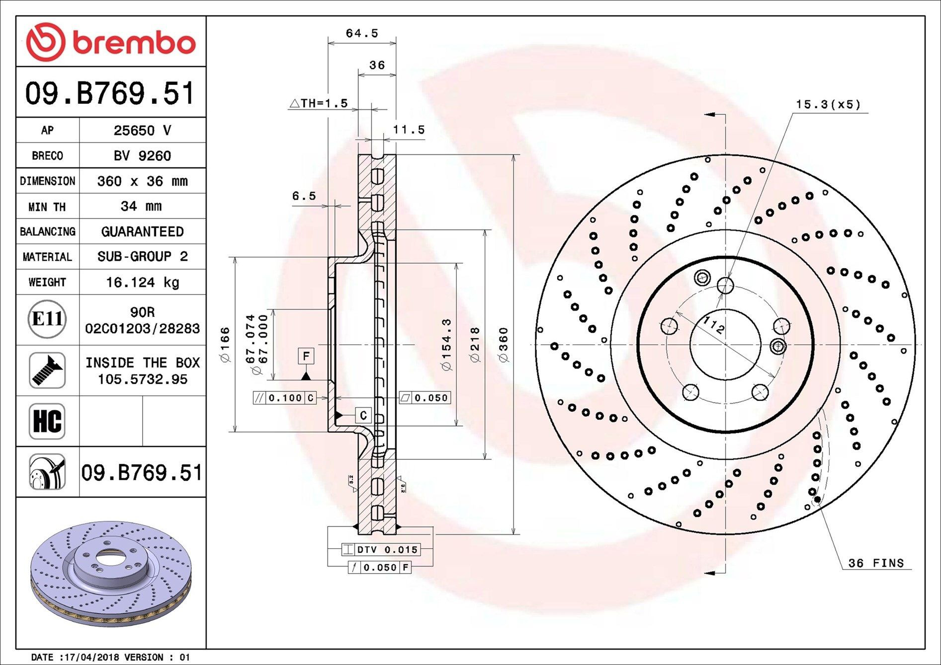 Tarcza hamulcowa przednia Brembo 09B76951 cena, od 168,47 USD