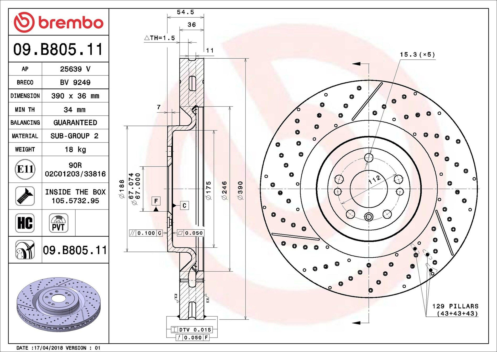 Tarcza hamulcowa przednia Brembo 09B80511 cena, od 180,44 USD