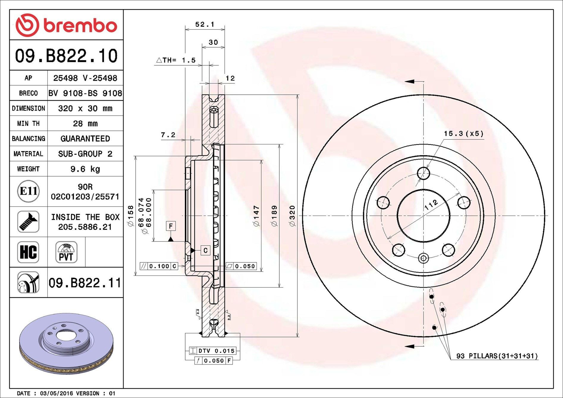 Tarcza hamulcowa przednia Brembo 09B82211 cena, od 79,79 USD