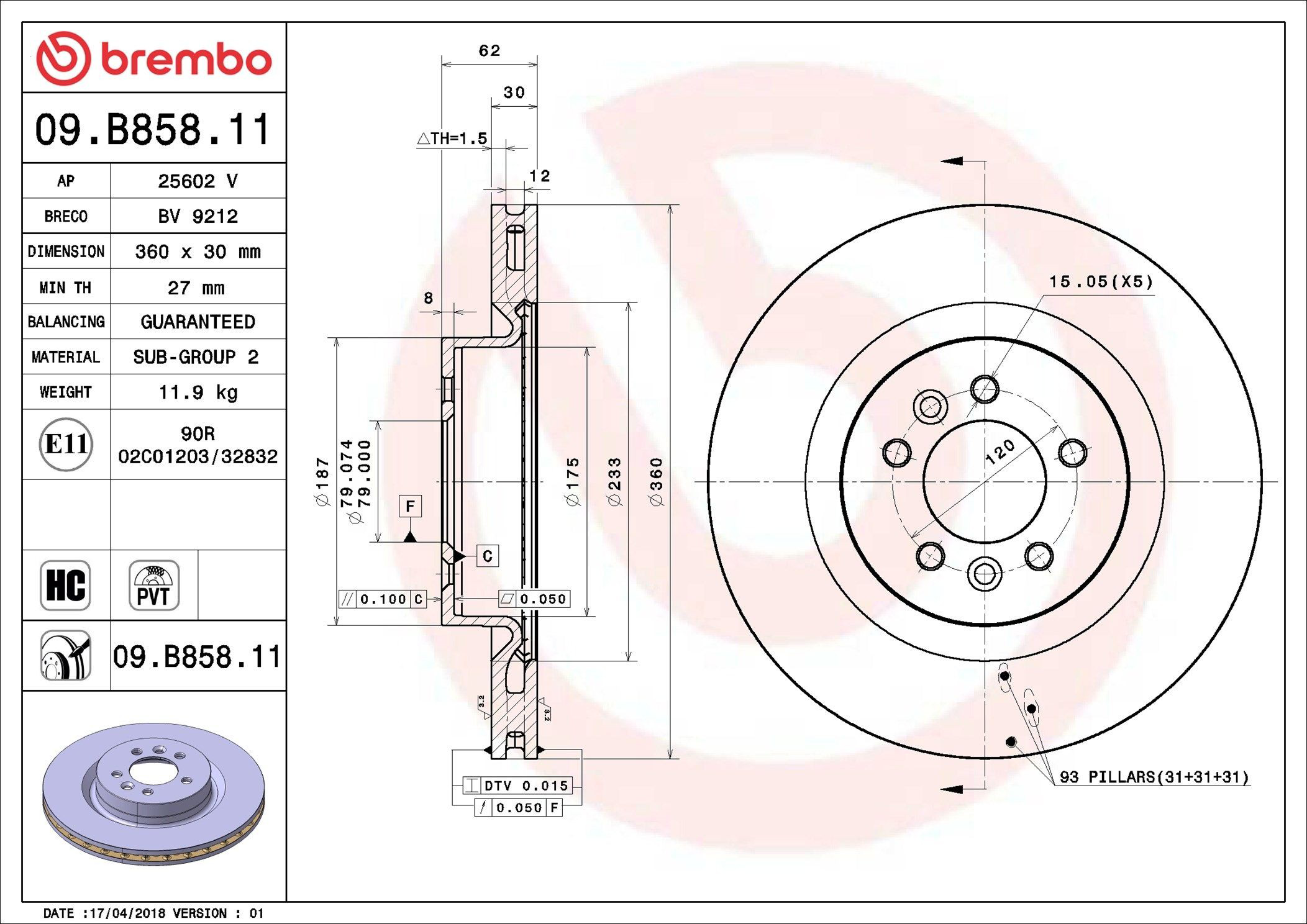 Tarcza hamulcowa przednia Brembo 09B85811 cena, od 93,35 USD