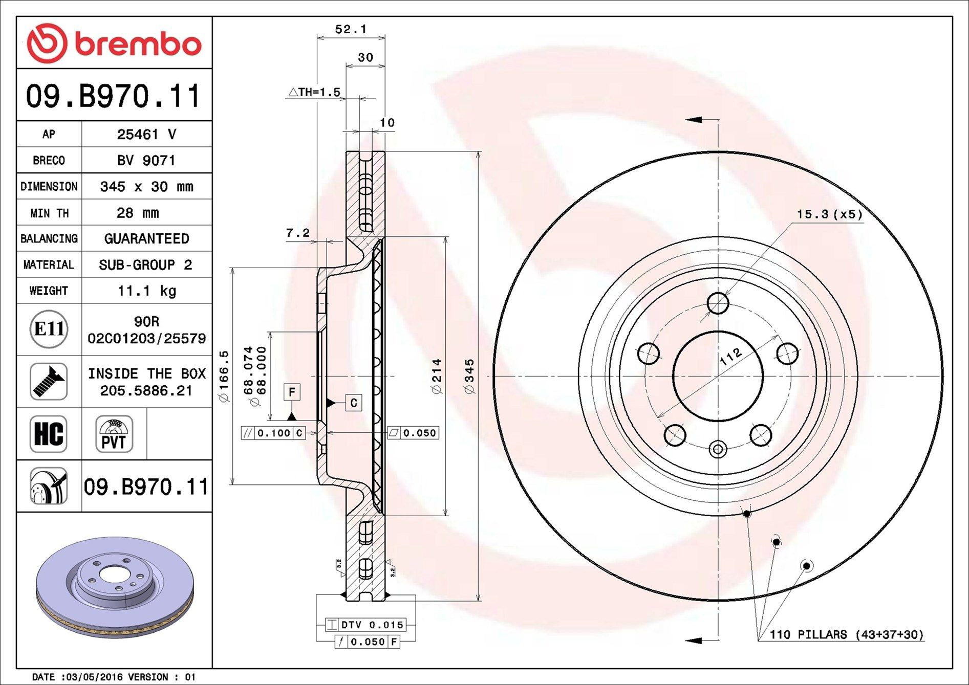 Tarcza hamulcowa przednia Brembo 09B97011 cena, od 89,91 USD