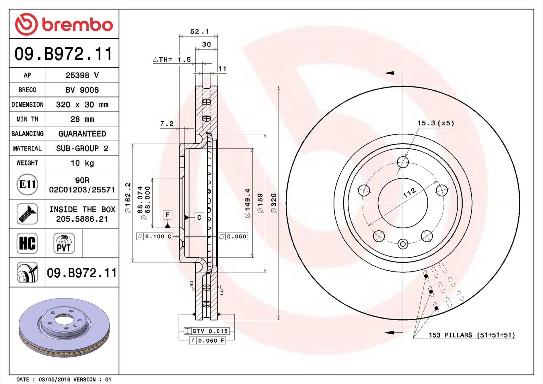 Tarcza hamulcowa przednia Brembo 09B97211 cena, od 79,79 USD
