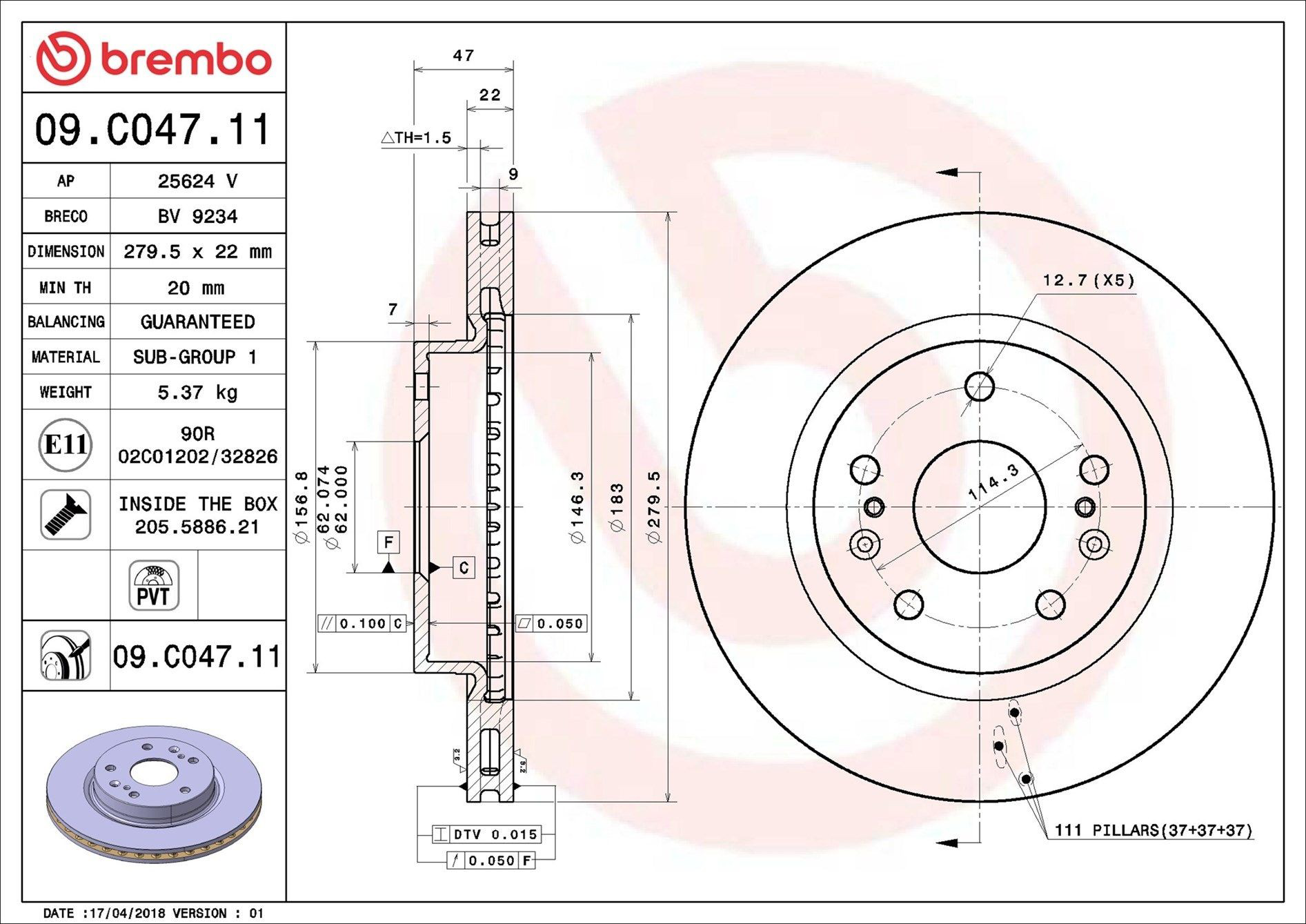 Tarcza hamulcowa przednia Brembo 09C04711 cena, od 50,01 USD