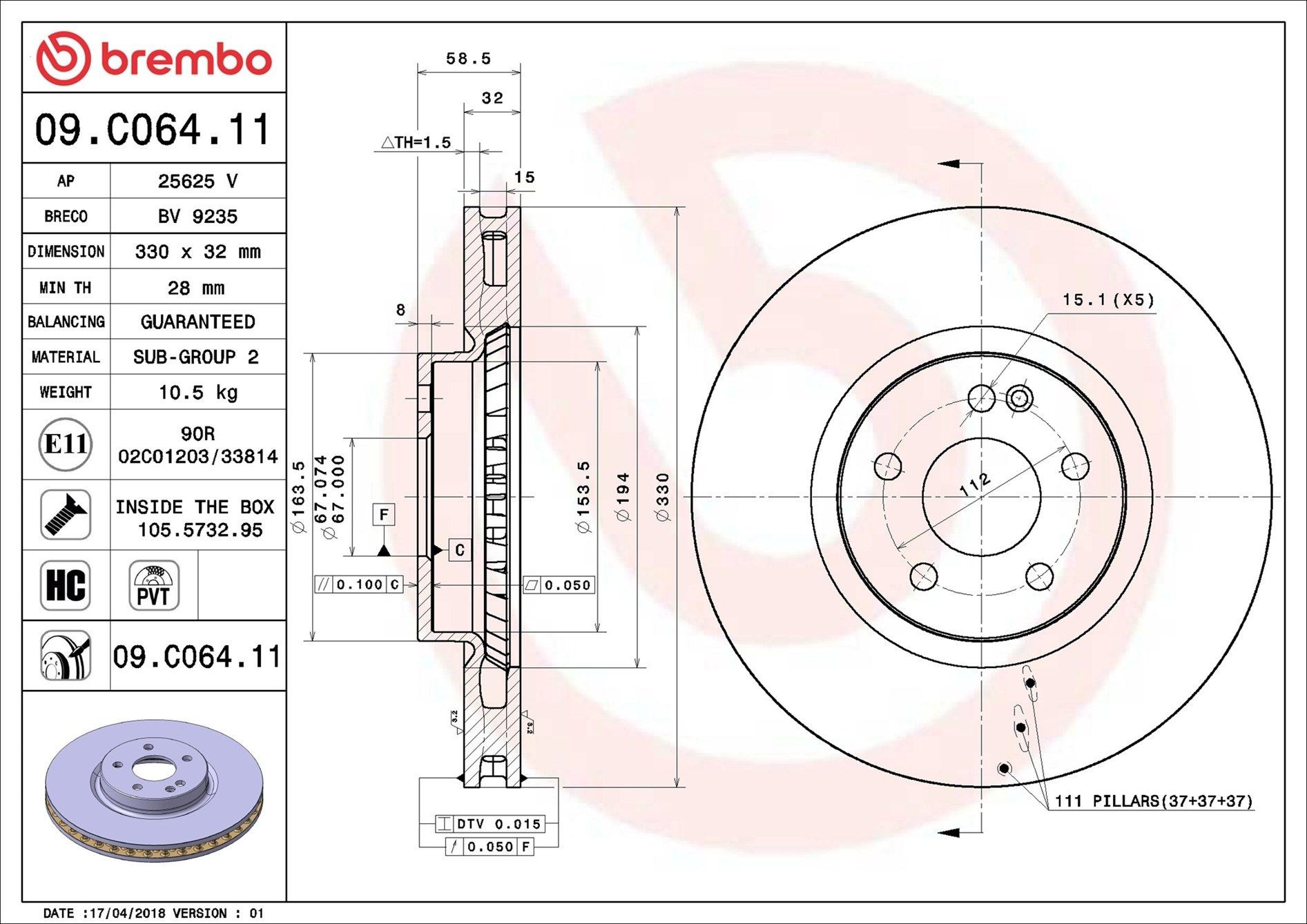 Do koszyka 09C06411 Brembo Tarcza hamulcowa przednia