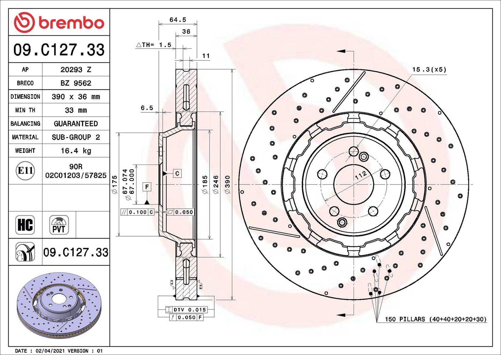 Tarcza hamulcowa przednia Brembo 09C12733 cena, od 287,43 USD