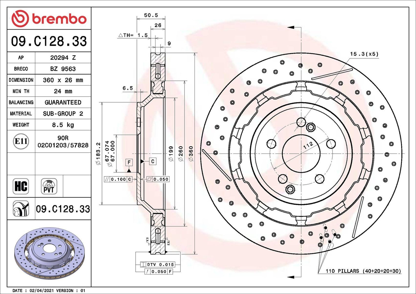 Tarcza hamulcowa tylna Brembo 09C12833 cena, od 109,66 USD