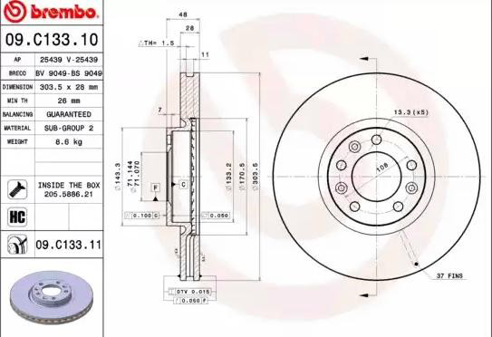 Tarcza hamulcowa przednia 09C13311 Brembo