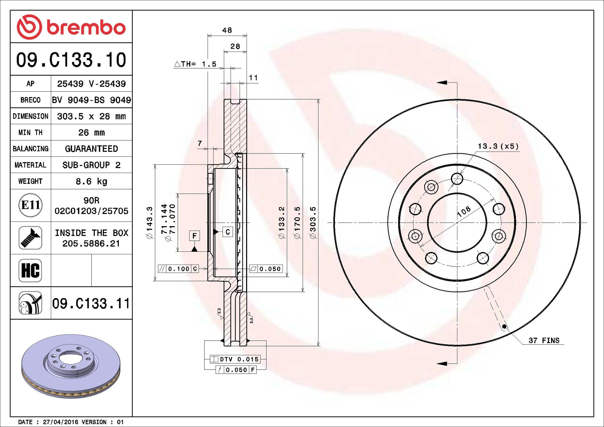 Tarcza hamulcowa przednia 09C13311 Brembo