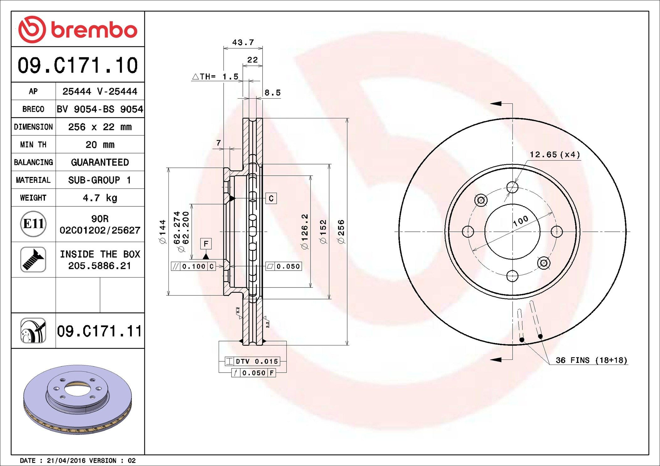 Do koszyka 09C17111 Brembo Tarcza hamulcowa przednia