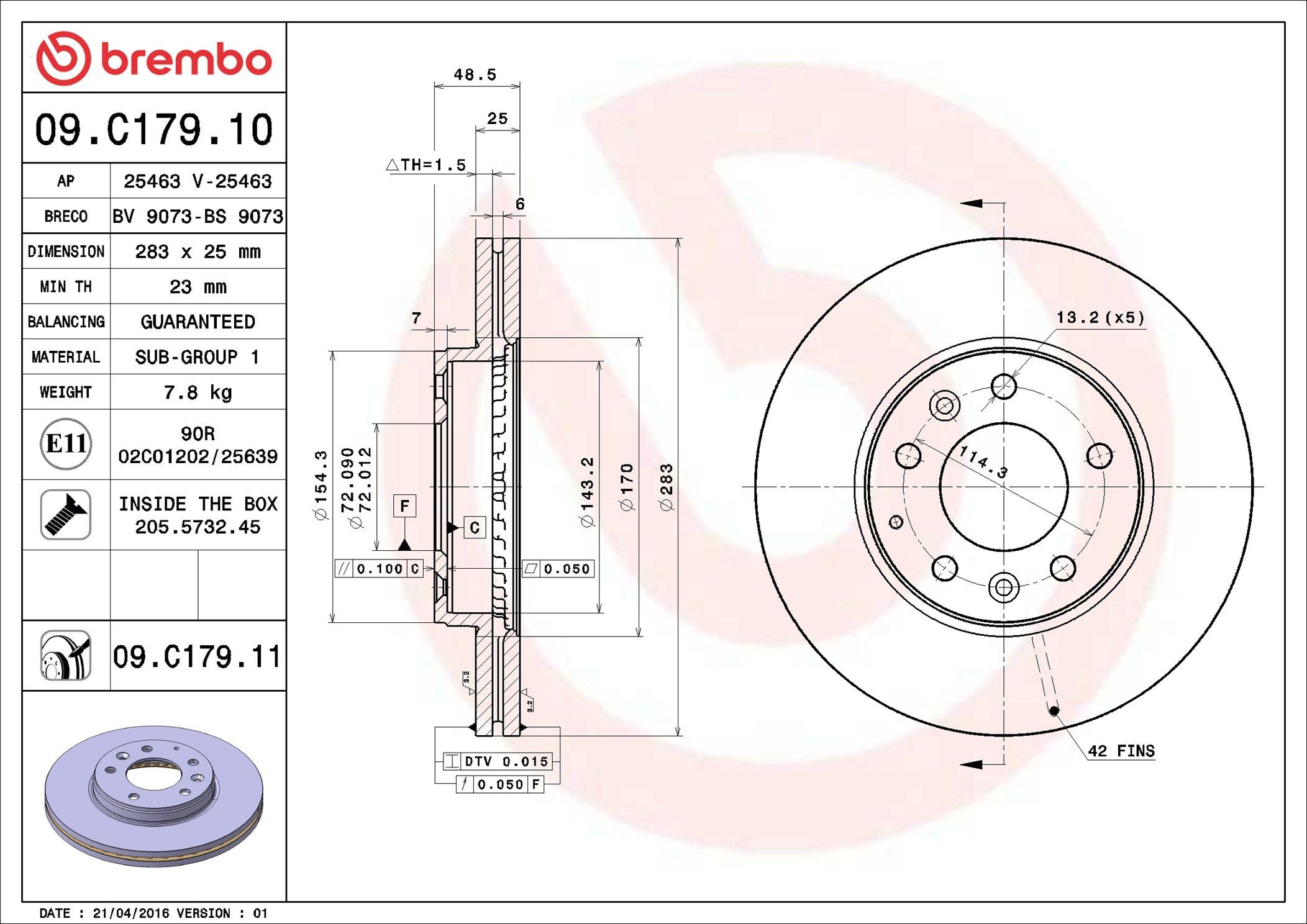 Tarcza hamulcowa przednia Brembo 09C17911 cena, od 49,03 USD