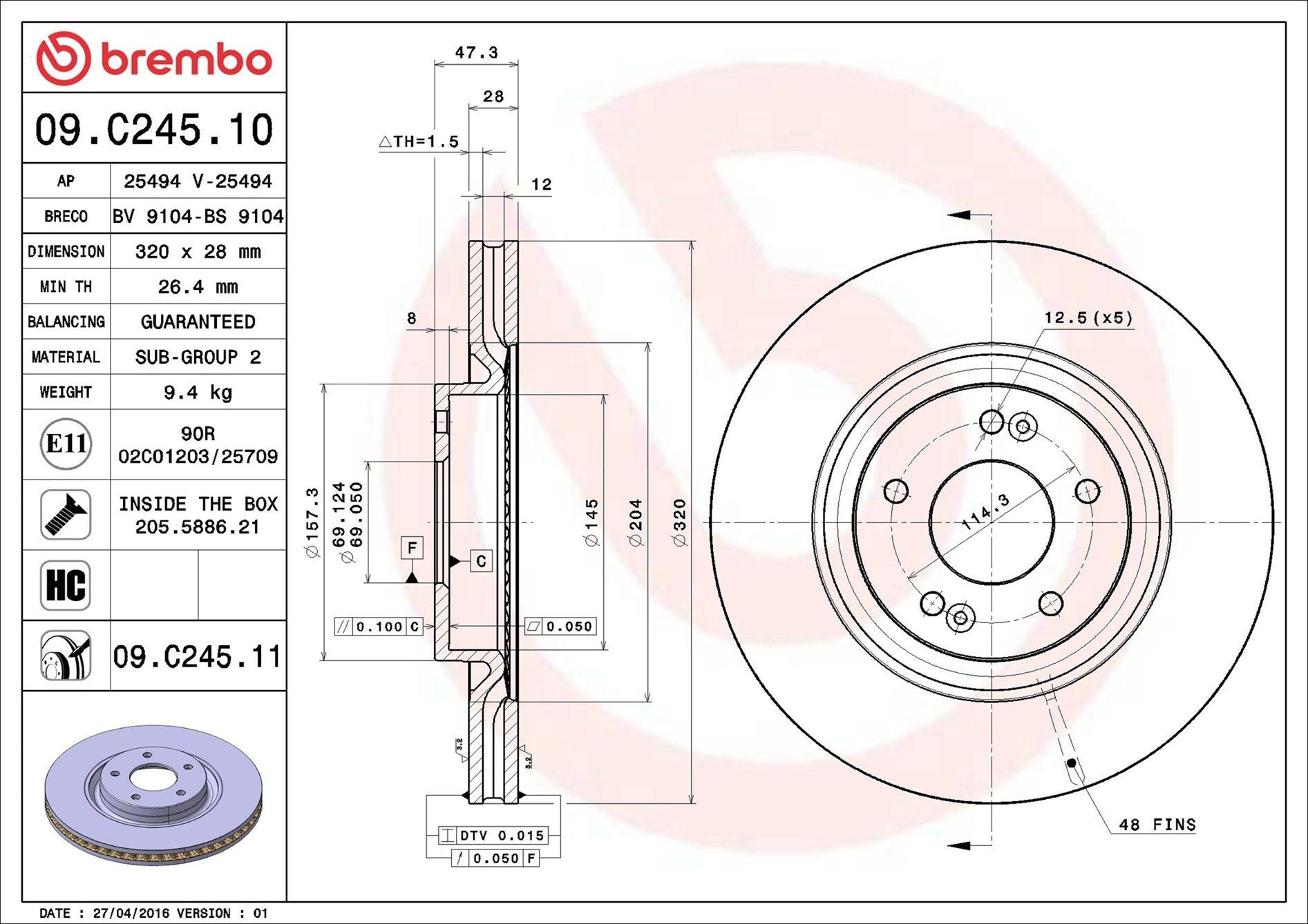 Tarcza hamulcowa przednia Brembo 09C24511 cena, od 78,05 USD