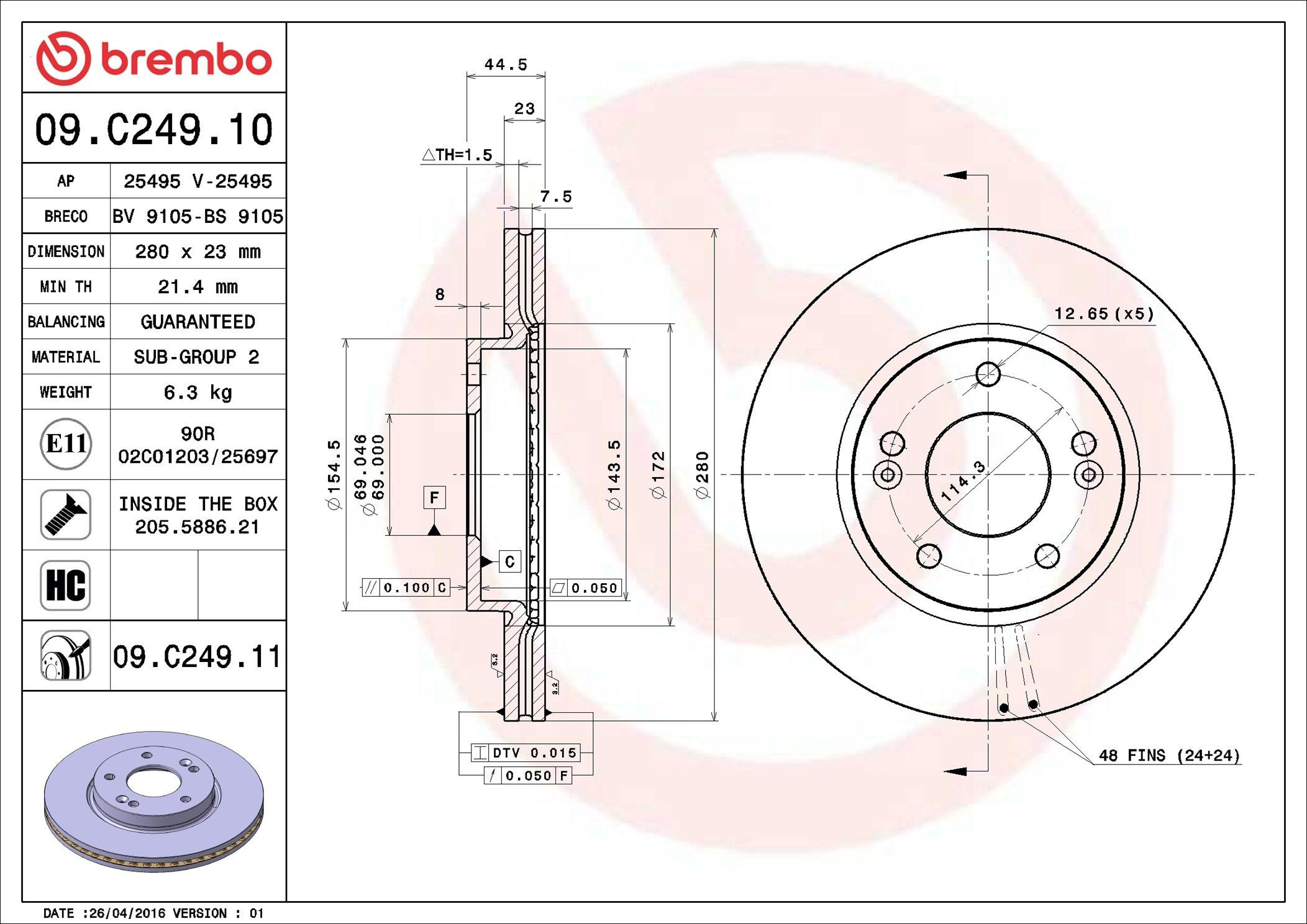 Tarcza hamulcowa przednia Brembo 09C24911 cena, od 50,03 USD