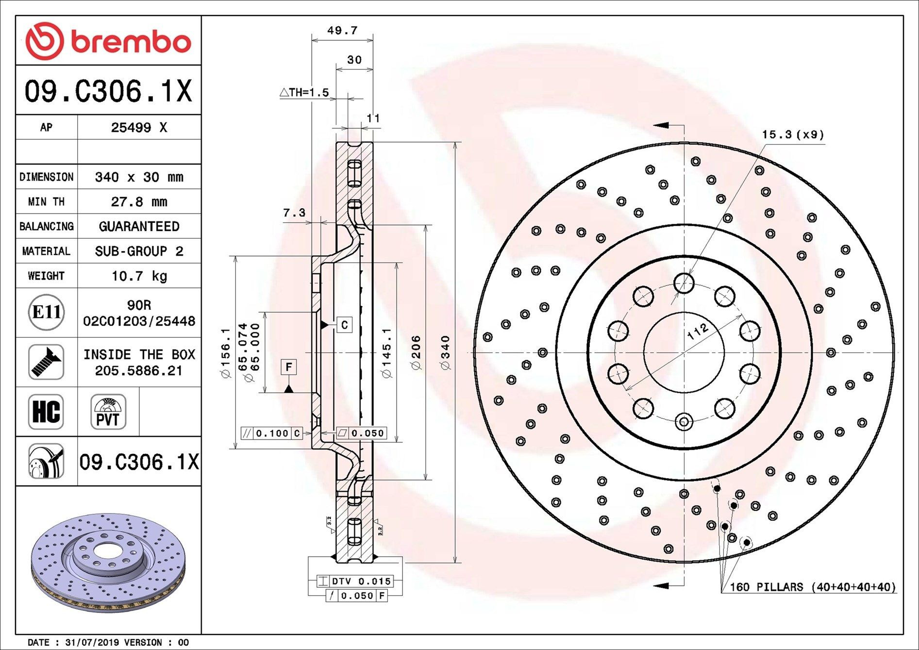 Tarcza hamulcowa przednia Brembo 09C3061X cena, od 92,81 USD