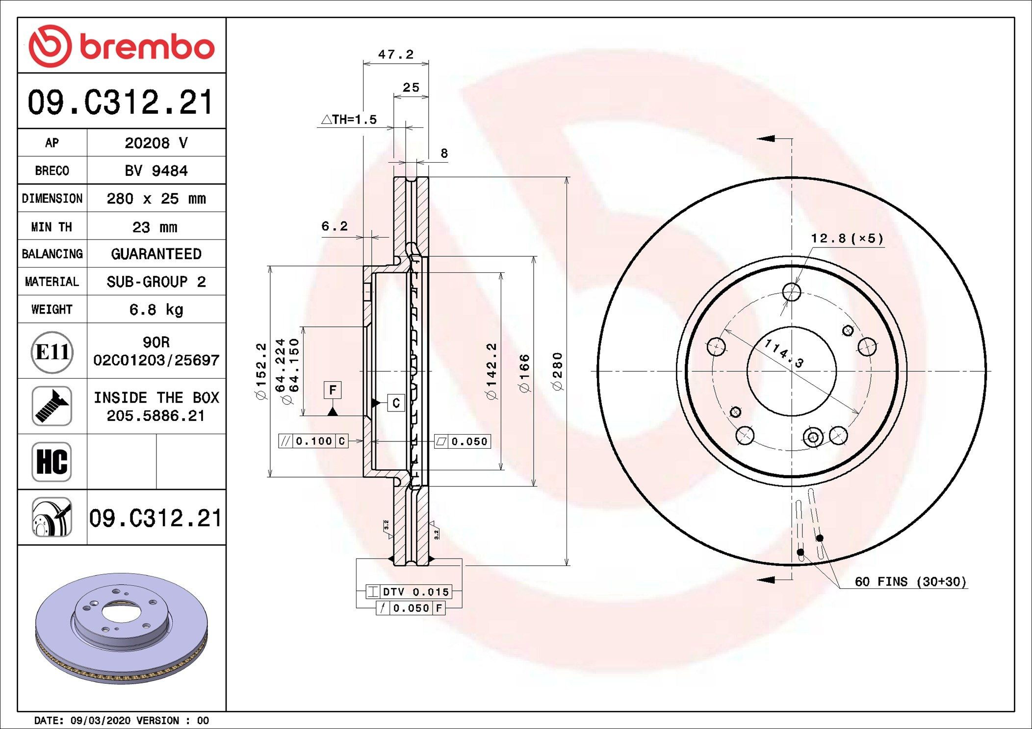 Tarcza hamulcowa przednia Brembo 09C31221 cena, od 65,71 USD