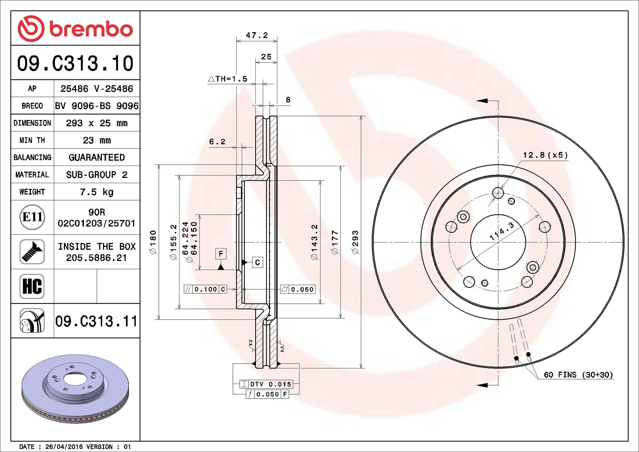 Tarcza hamulcowa przednia Brembo 09C31311 cena, od 62,00 USD