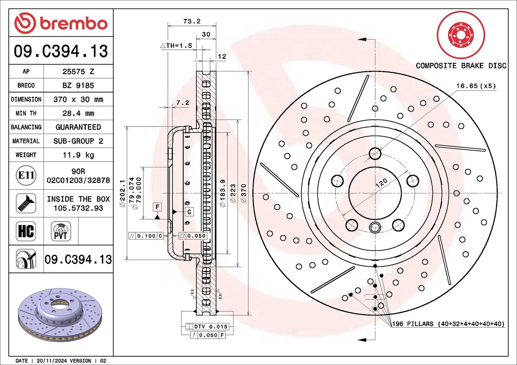 Tarcza hamulcowa przednia Brembo 09C39413 cena, od 206,41 USD