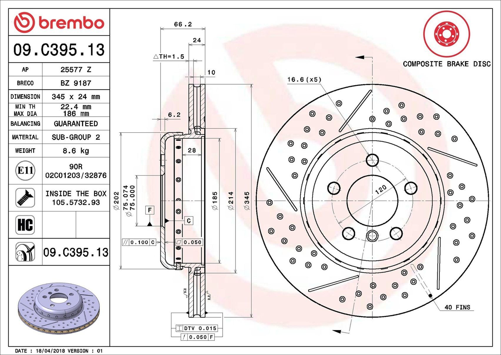 Tarcza hamulcowa tylna Brembo 09C39513 cena, od 141,36 USD