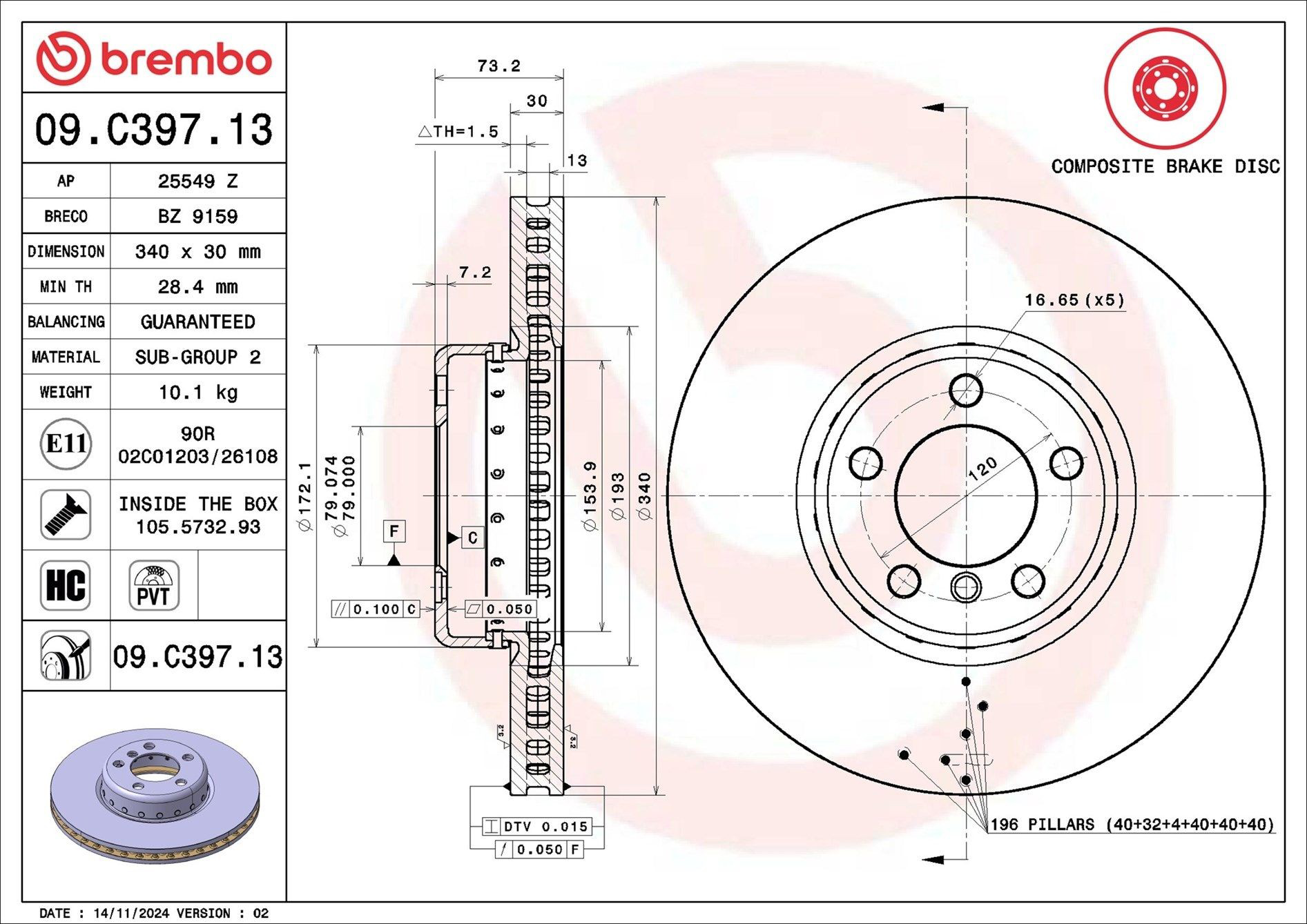 Tarcza hamulcowa przednia Brembo 09C39713 cena, od 111,73 USD