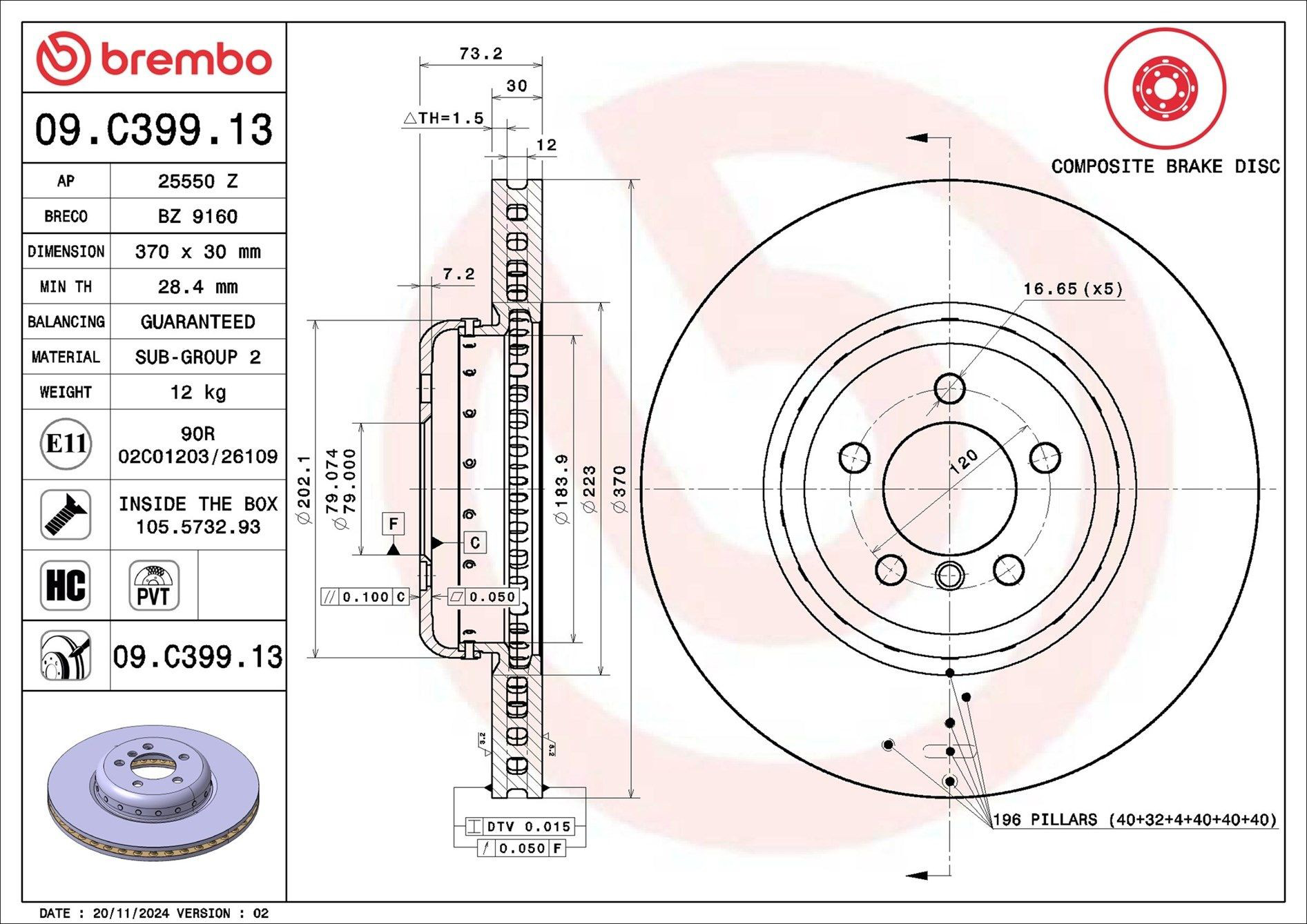 Tarcza hamulcowa przednia Brembo 09C39913 cena, od 138,36 USD