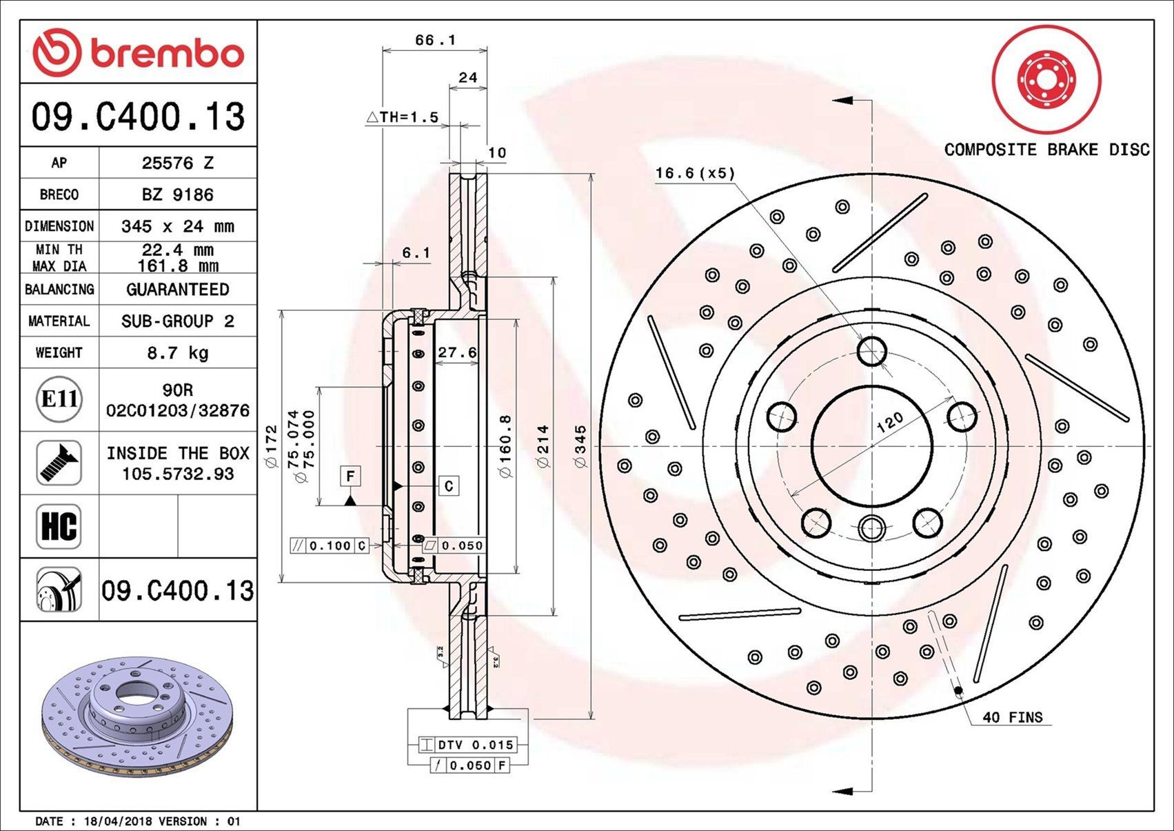 Tarcza hamulcowa tylna Brembo 09C40013 cena, od 158,98 USD