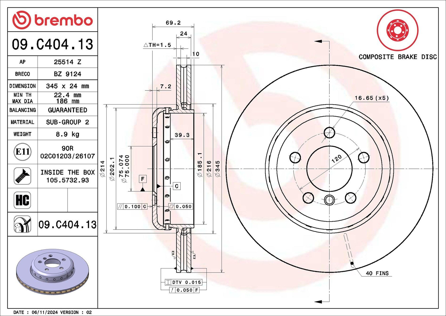 Tarcza hamulcowa tylna Brembo 09C40413 cena, od 107,17 USD