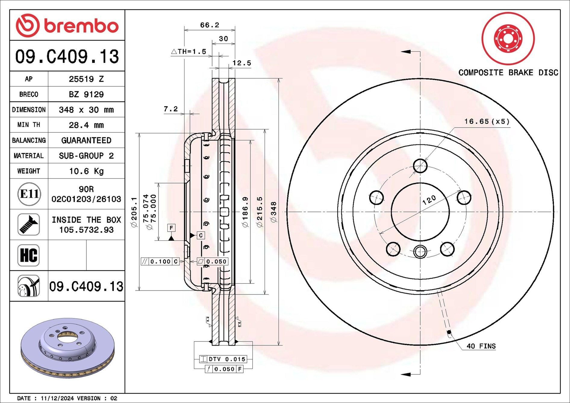 Tarcza hamulcowa przednia Brembo 09C40913 cena, od 113,23 USD