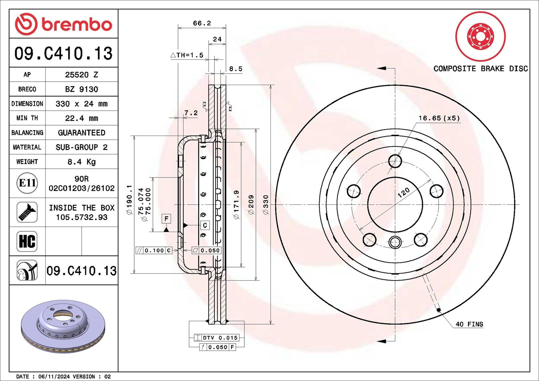 Tarcza hamulcowa przednia Brembo 09C41013 cena, od 86,08 USD
