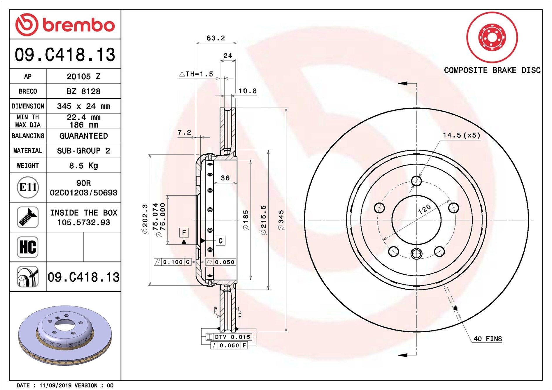 Tarcza hamulcowa tylna Brembo 09C41813 cena, od 92,01 USD