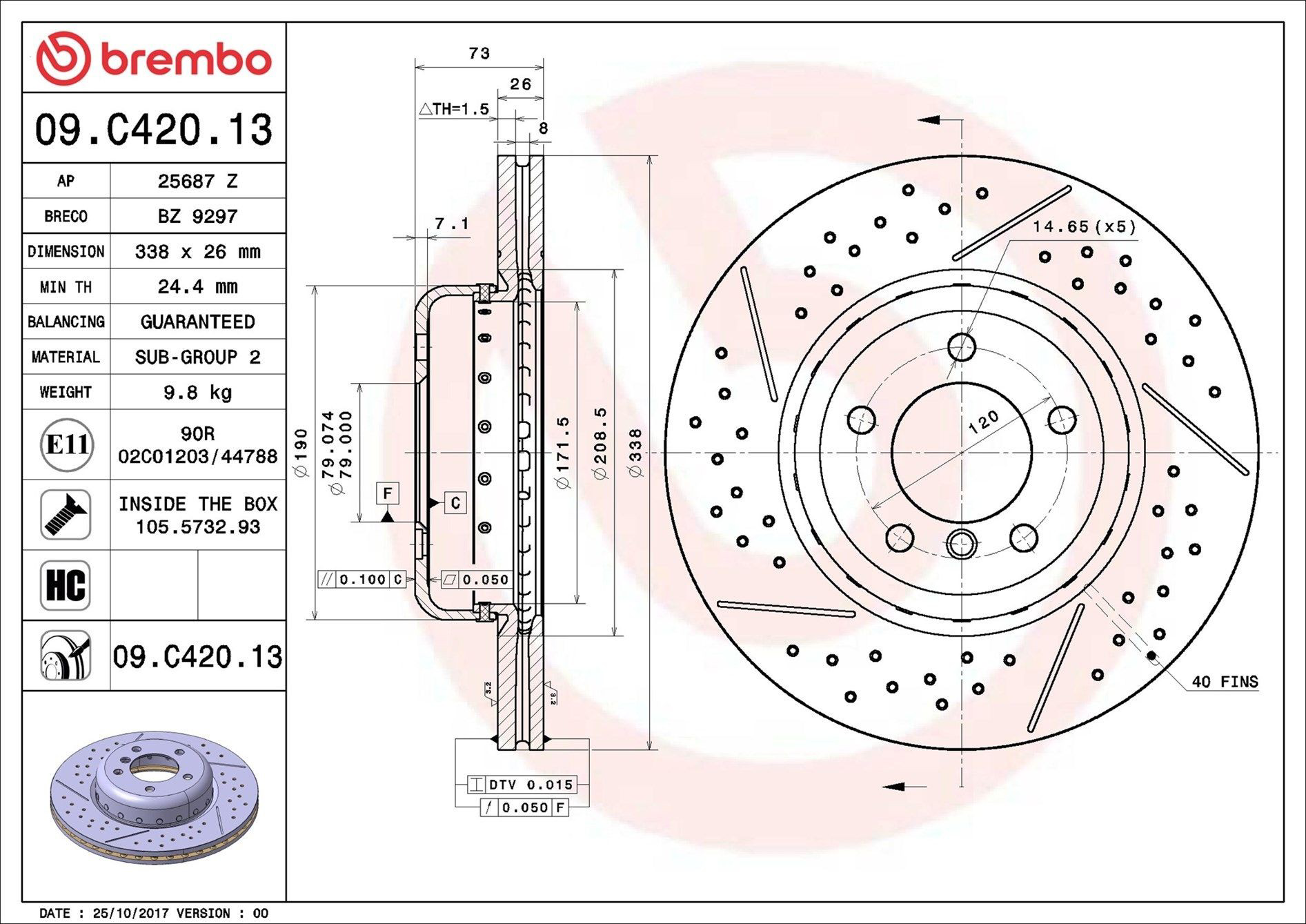 Tarcza hamulcowa przednia 09C42013 Brembo
