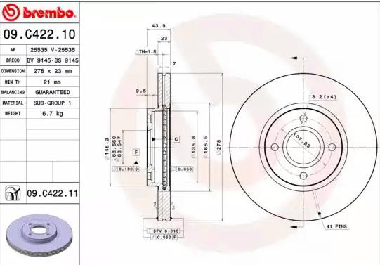 Do koszyka 09C42211 Brembo Tarcza hamulcowa przednia