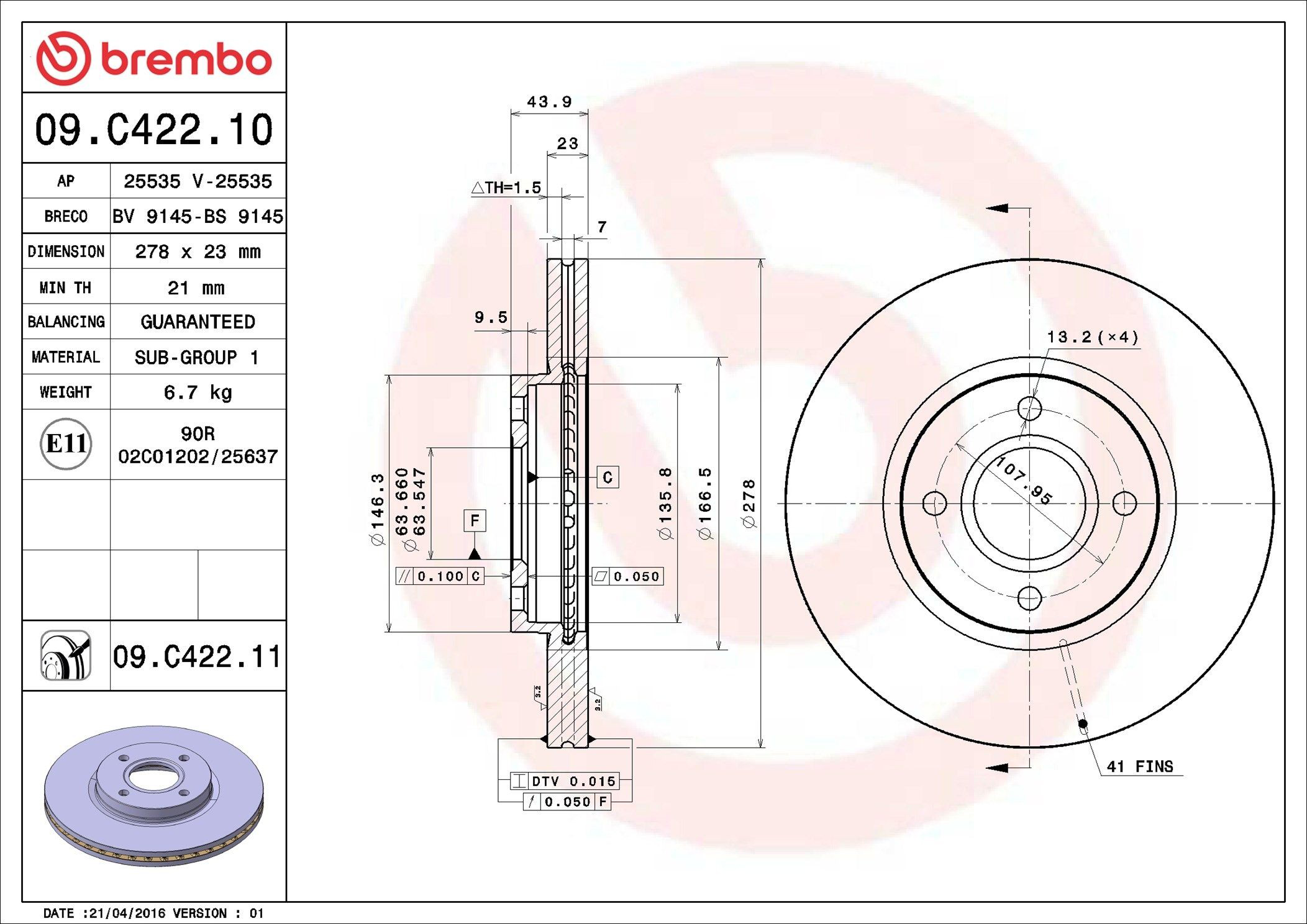 Tarcza hamulcowa przednia 09C42211 Brembo
