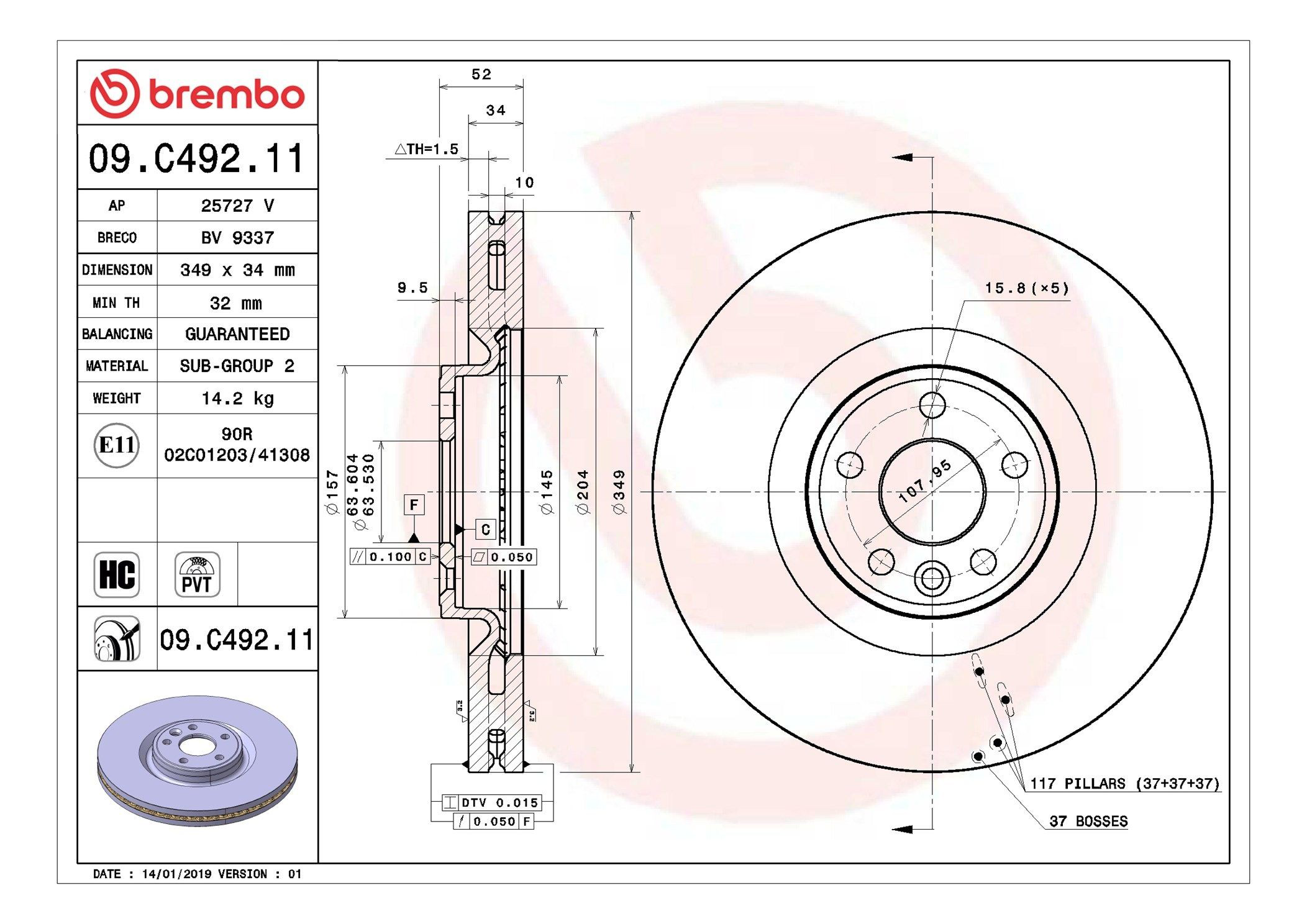 Tarcza hamulcowa przednia Brembo 09C49211 cena, od 147,35 USD