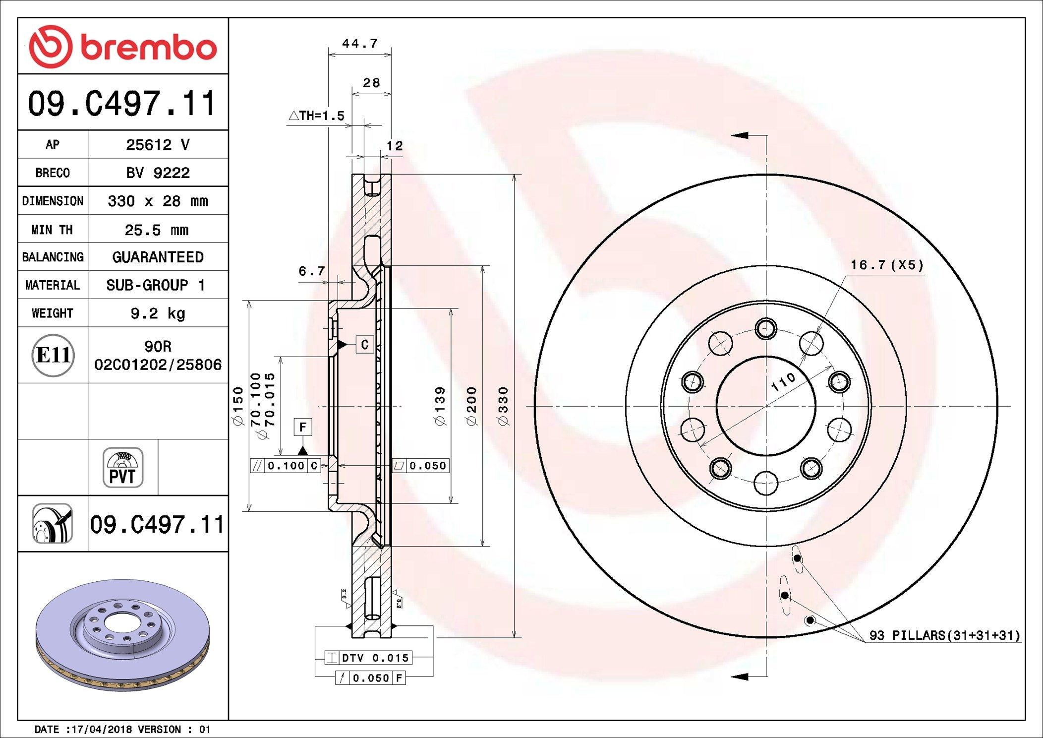Tarcza hamulcowa przednia Brembo 09C49711 cena, od 97,33 USD