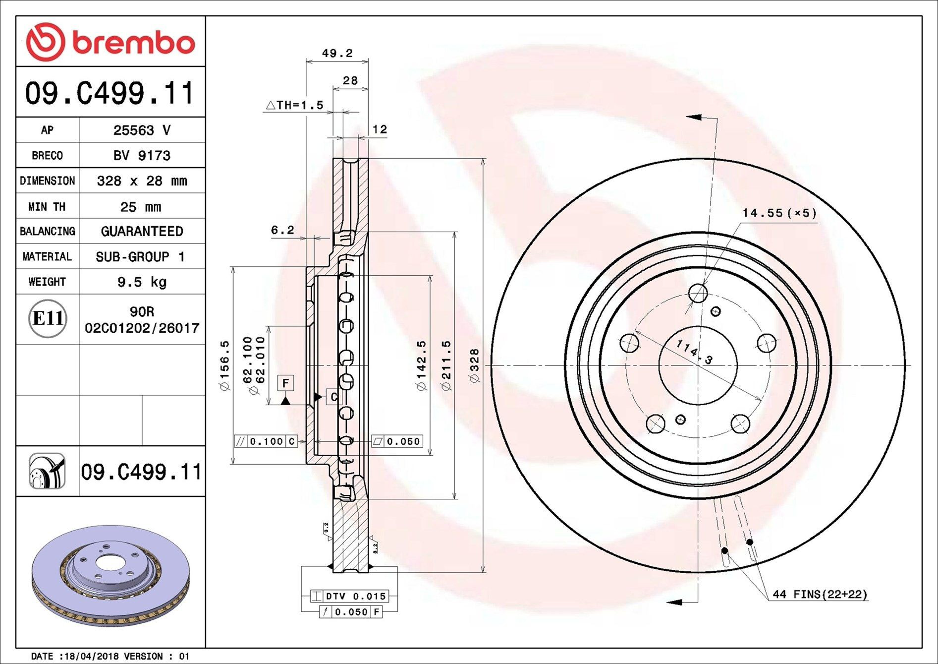 Tarcza hamulcowa przednia Brembo 09C49911 cena, od 77,67 USD