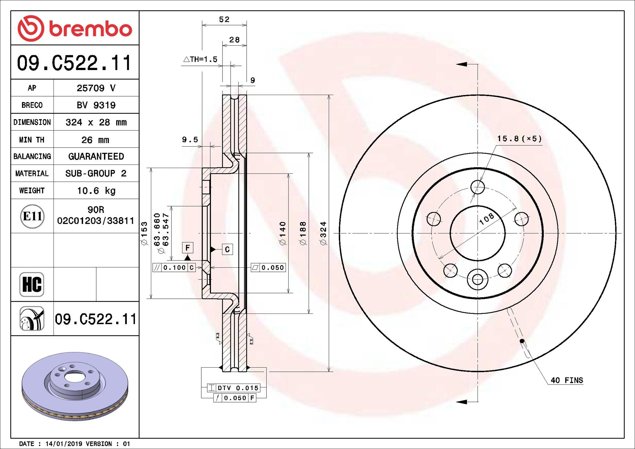 Tarcza hamulcowa przednia Brembo 09C52211 cena, od 107,27 USD