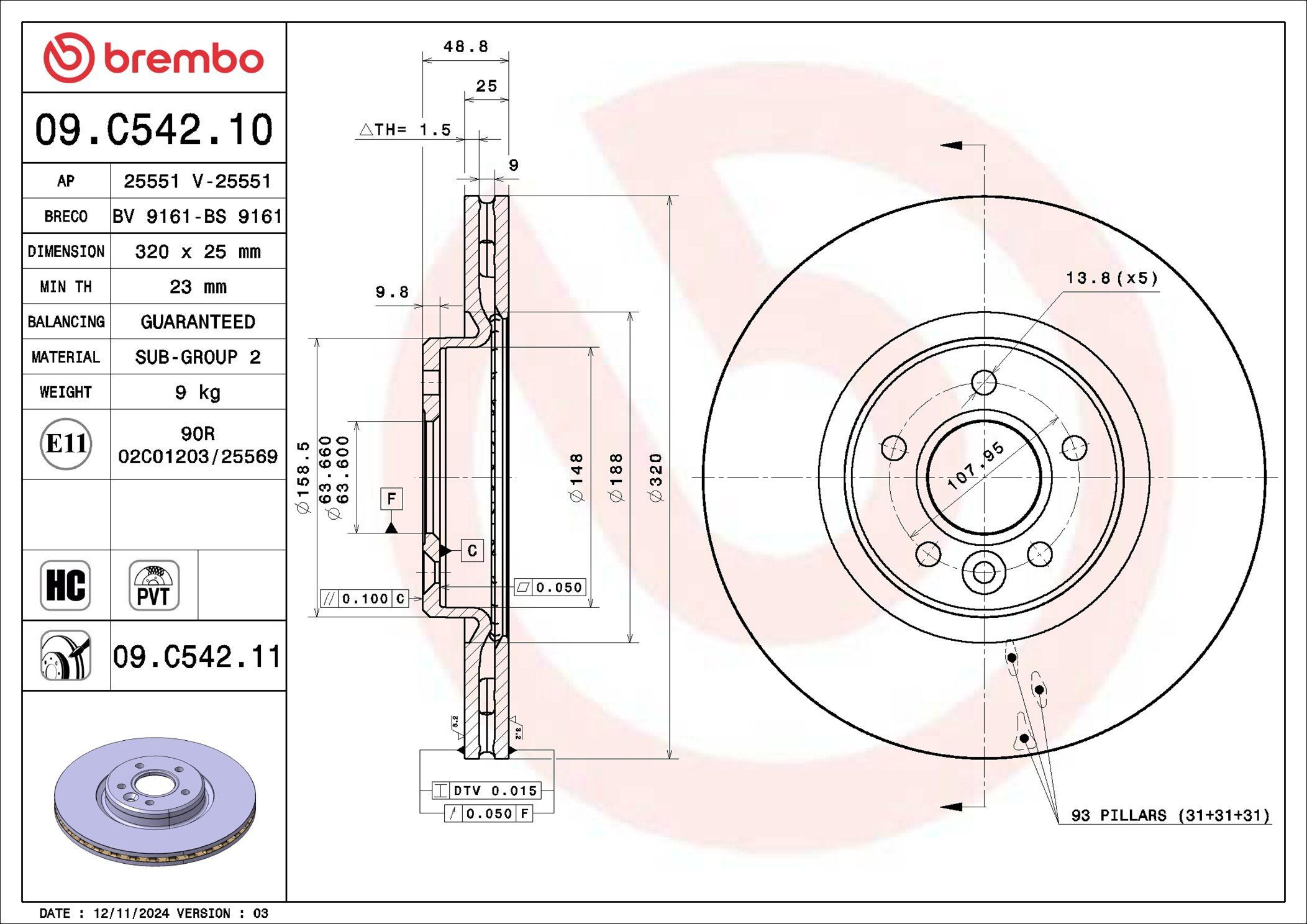Tarcza hamulcowa przednia Brembo 09C54211 cena, od 70,35 USD