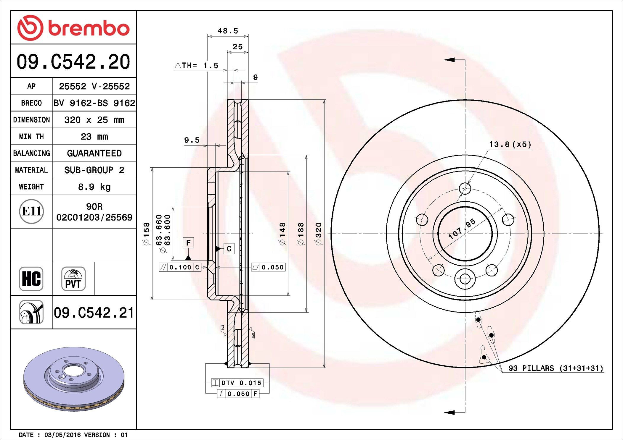 Tarcza hamulcowa przednia Brembo 09C54221 cena, od 70,35 USD